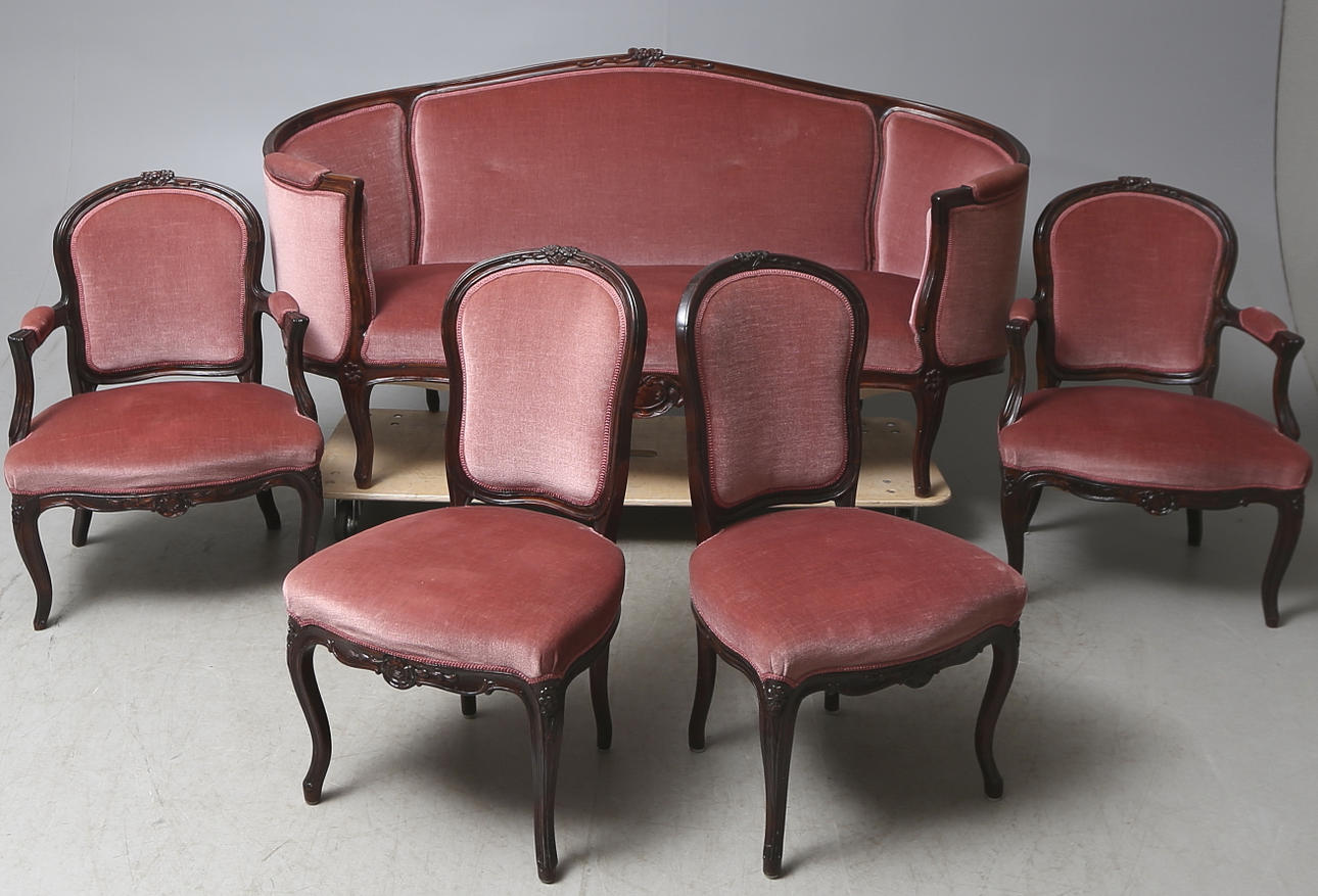 SALONGSGRUPP, 5 delar, rokokostil, 1900-tal.