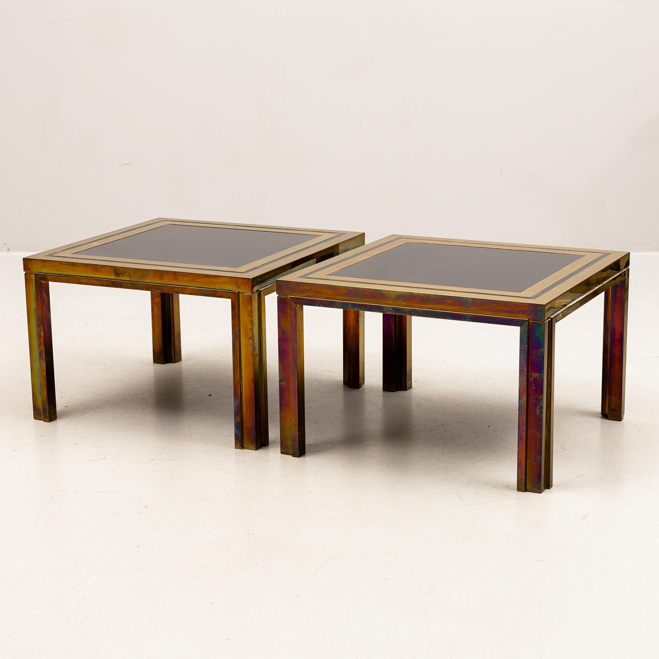SIDE TABLE/LAMP TABLE, 1 pair, brass with glass inserts, Italy, 1980s.
