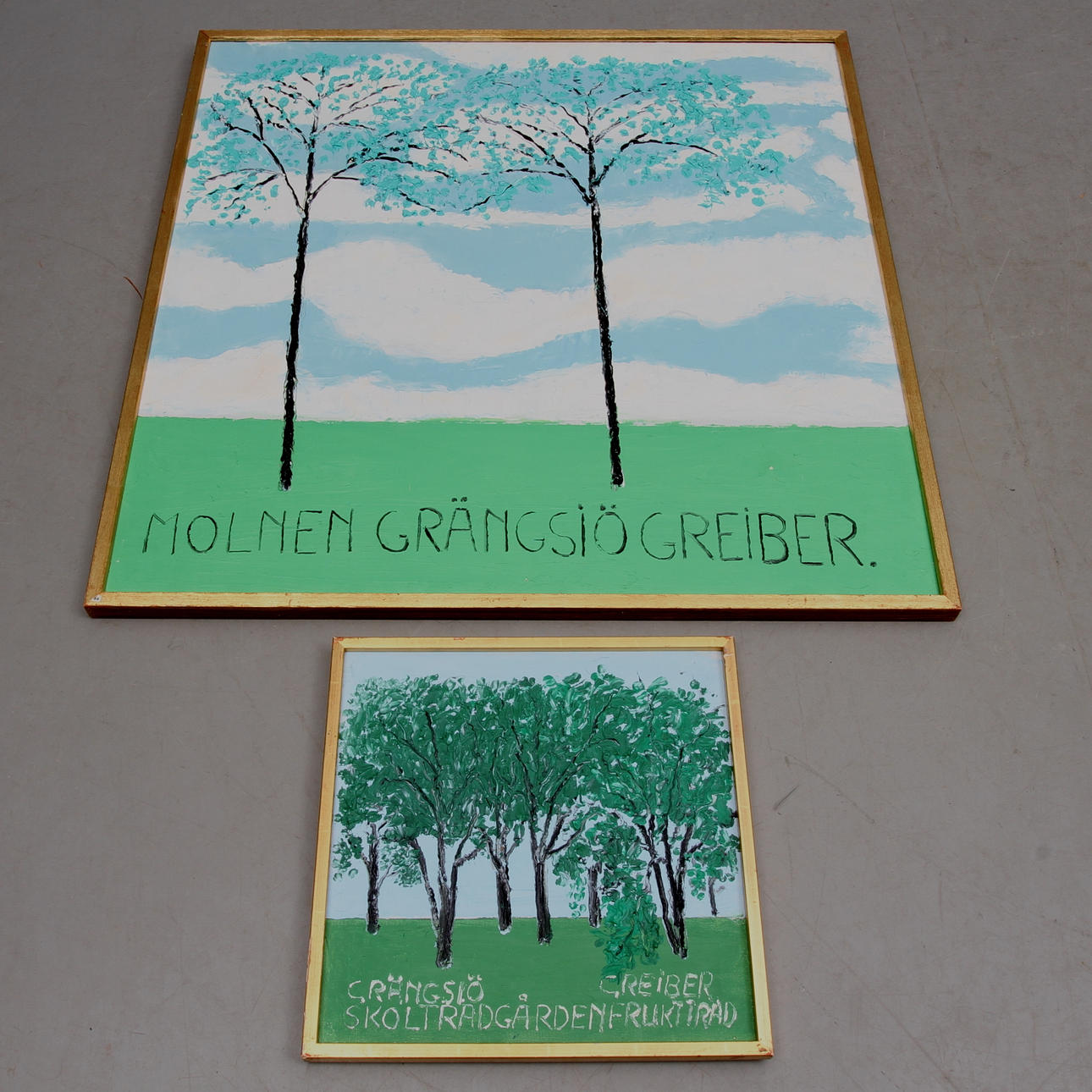 GUNNAR GREIBER. 2 st, "Grängsjö Skolträdgården Fruktträd" samt "Molnen Gröngsjö", olja på duk, signerade.