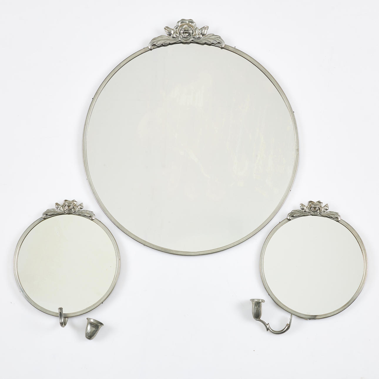 A 3 dlr pewter mirror and mirror lamps, circa mid 20th century.