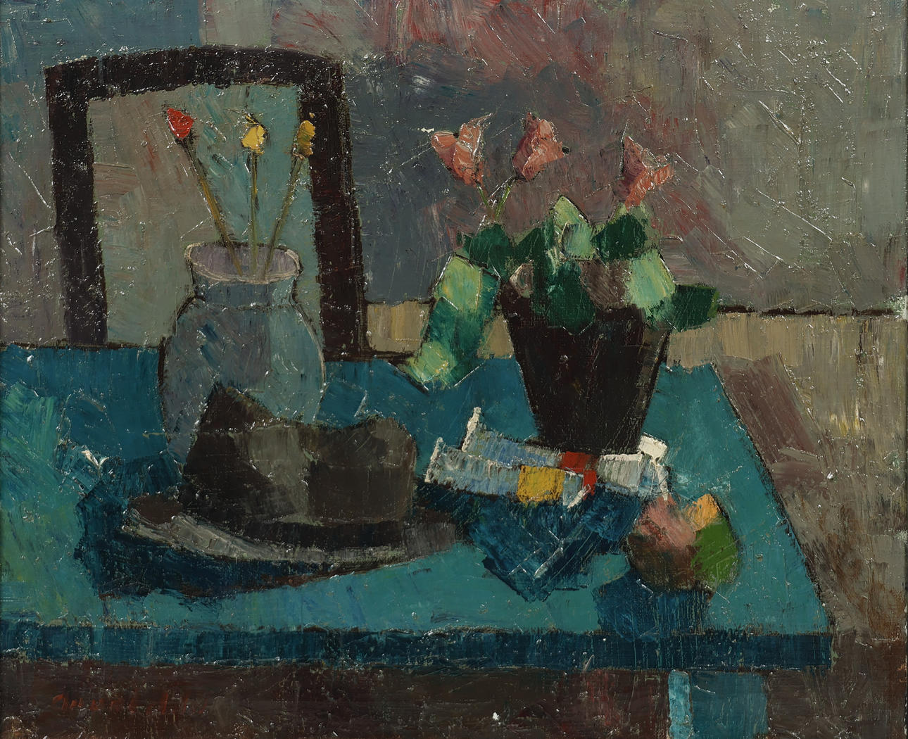 Unknown artist. Lining up, oil on canvas. signed.
