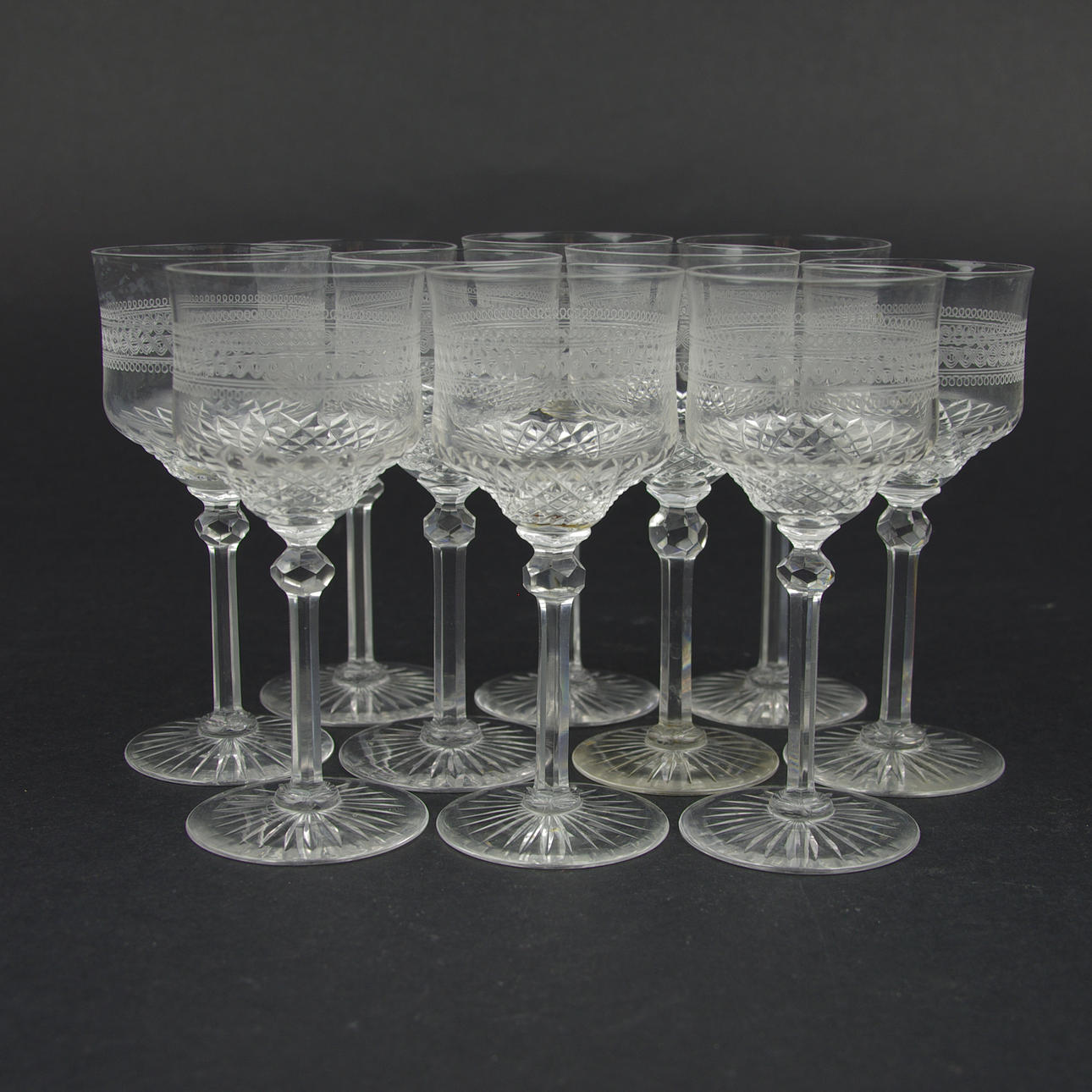 LIKÖRGLAS, 10 stycken, etsad dekor, 1900-talets första hälft.