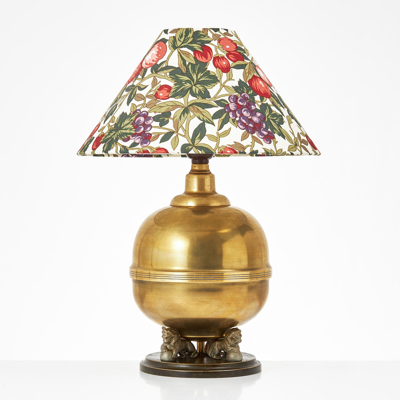 TABLE LAMP, globular, end with lion, Svenska Metallverk, needlework, marked on the underside, first half of the 20th century.