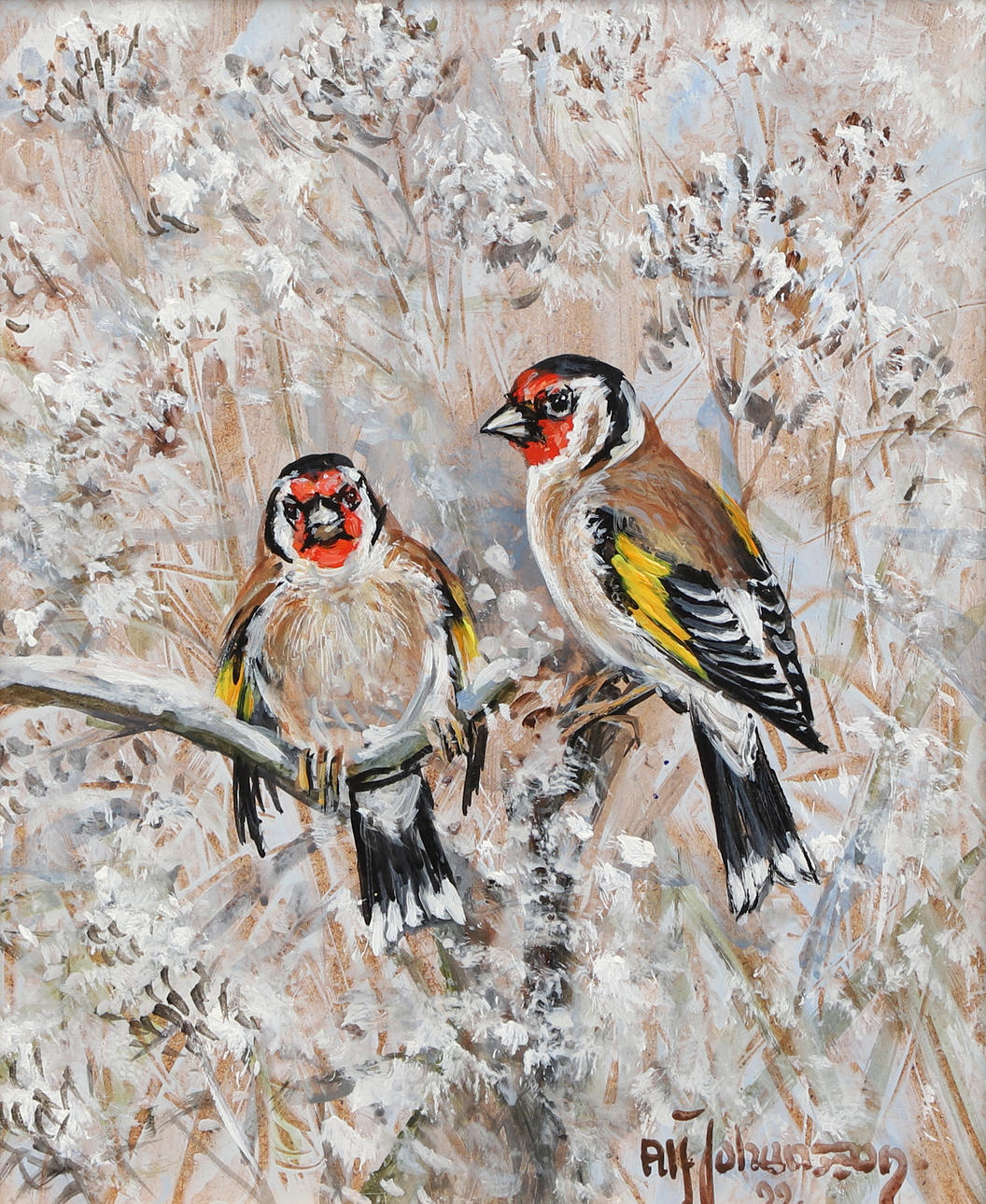 ALF JOHANSSON. Oil on panel, “Steglitser”, signed and dated 99.