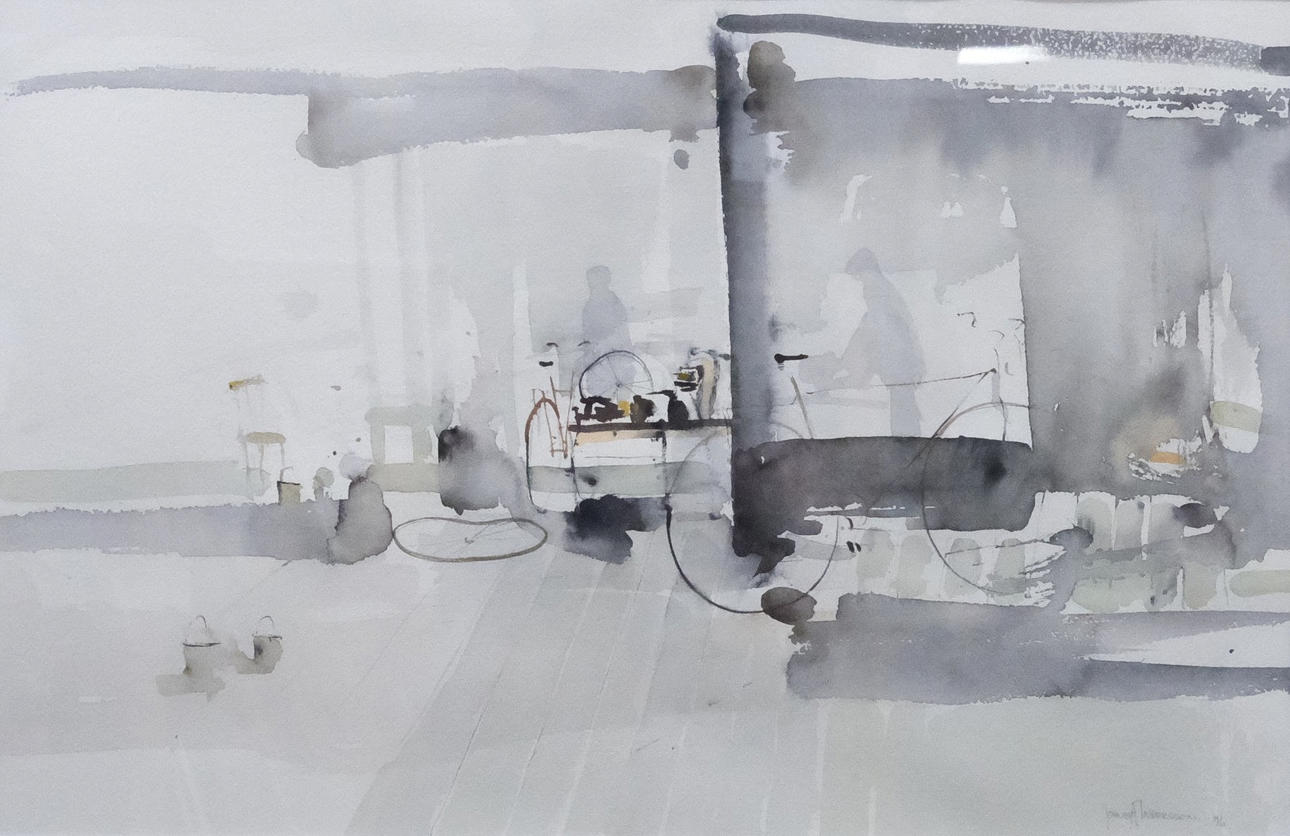 JOHNNY ANDERSSON. POLKUPYÖRÄPAJA, AKVARELLI.