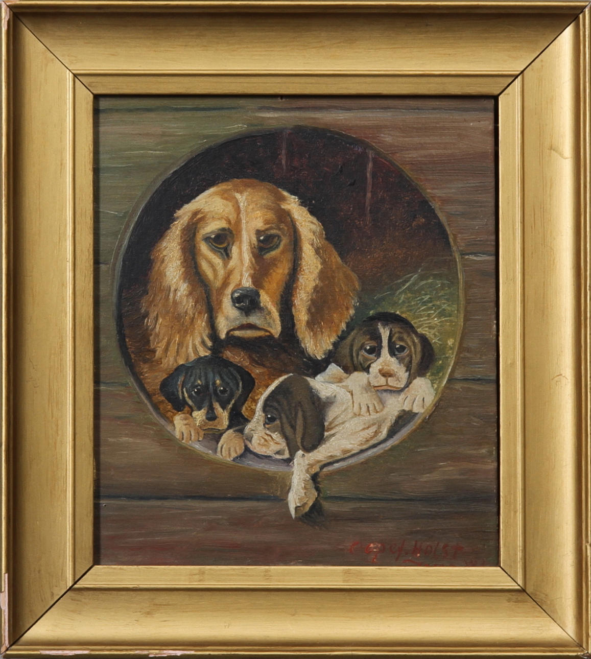 JOHAN VON HOLST. Kopia efter. Tik med hundvalpar. Olja på pannå. Signerad cop ef Holst Ivar -W.