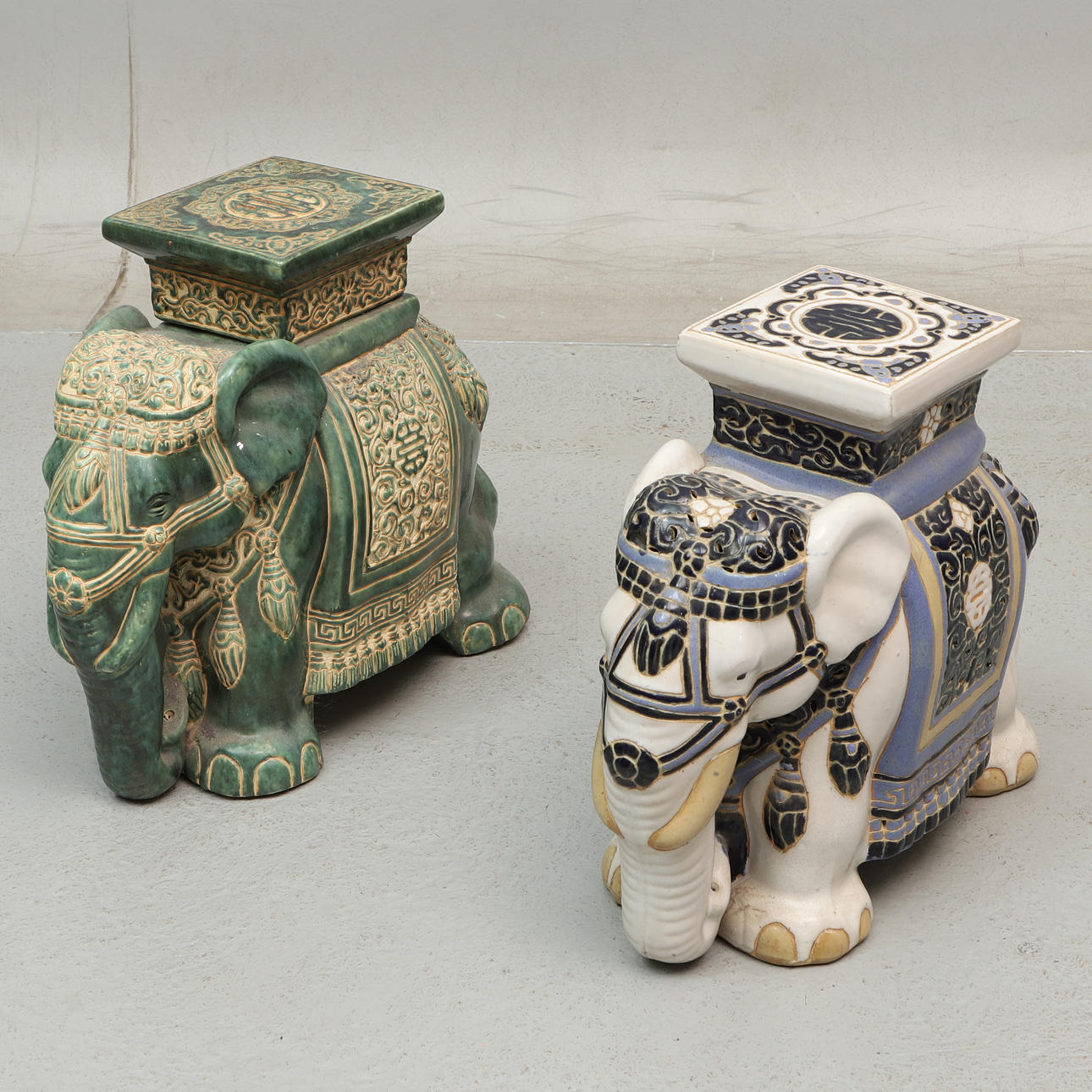 Pedestals, 2 pcs, elephants, ceramics, India.
