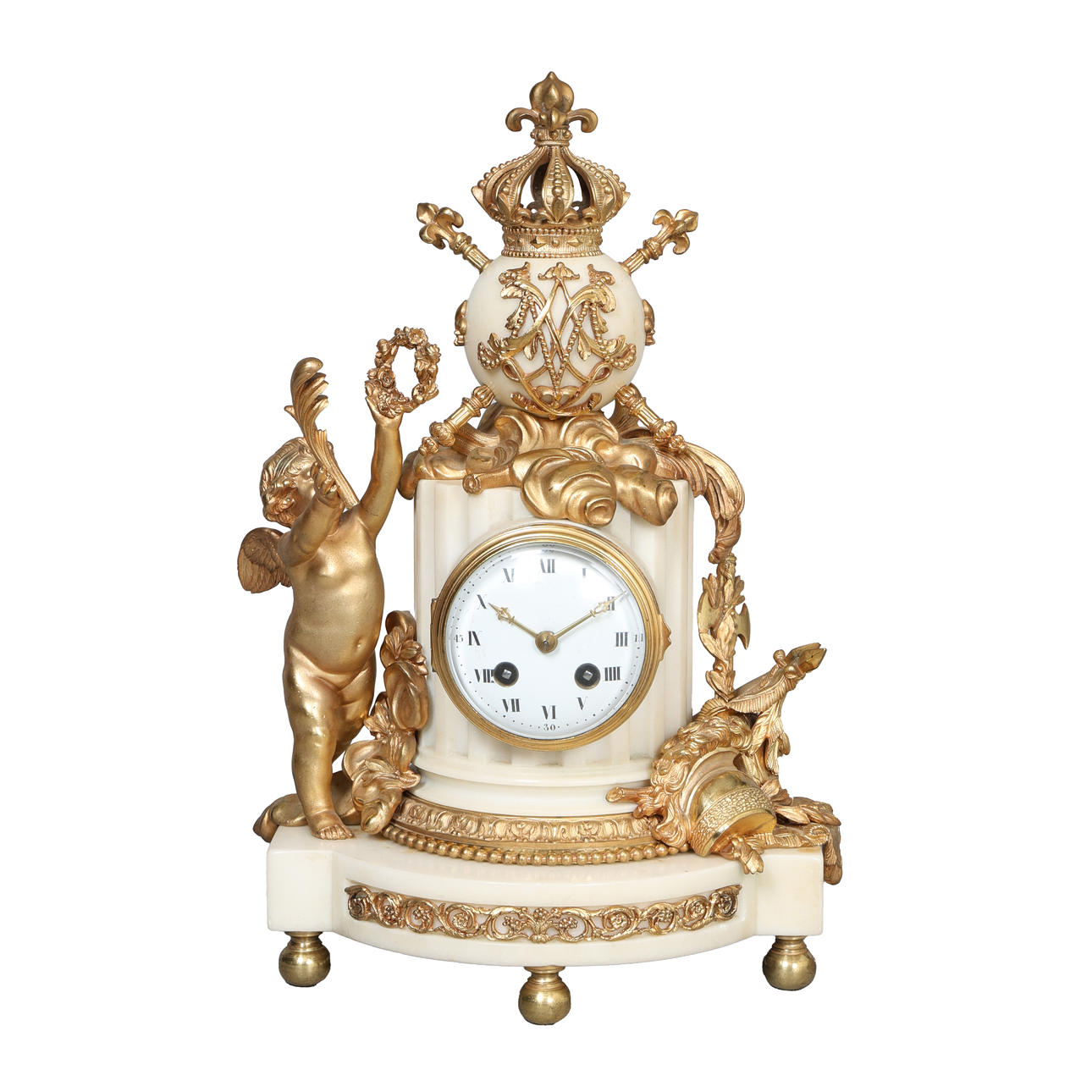 A FRENCH WHITE MARBLE AND GILT METAL MOUNTED MANTEL CLOCK. Clocks ...
