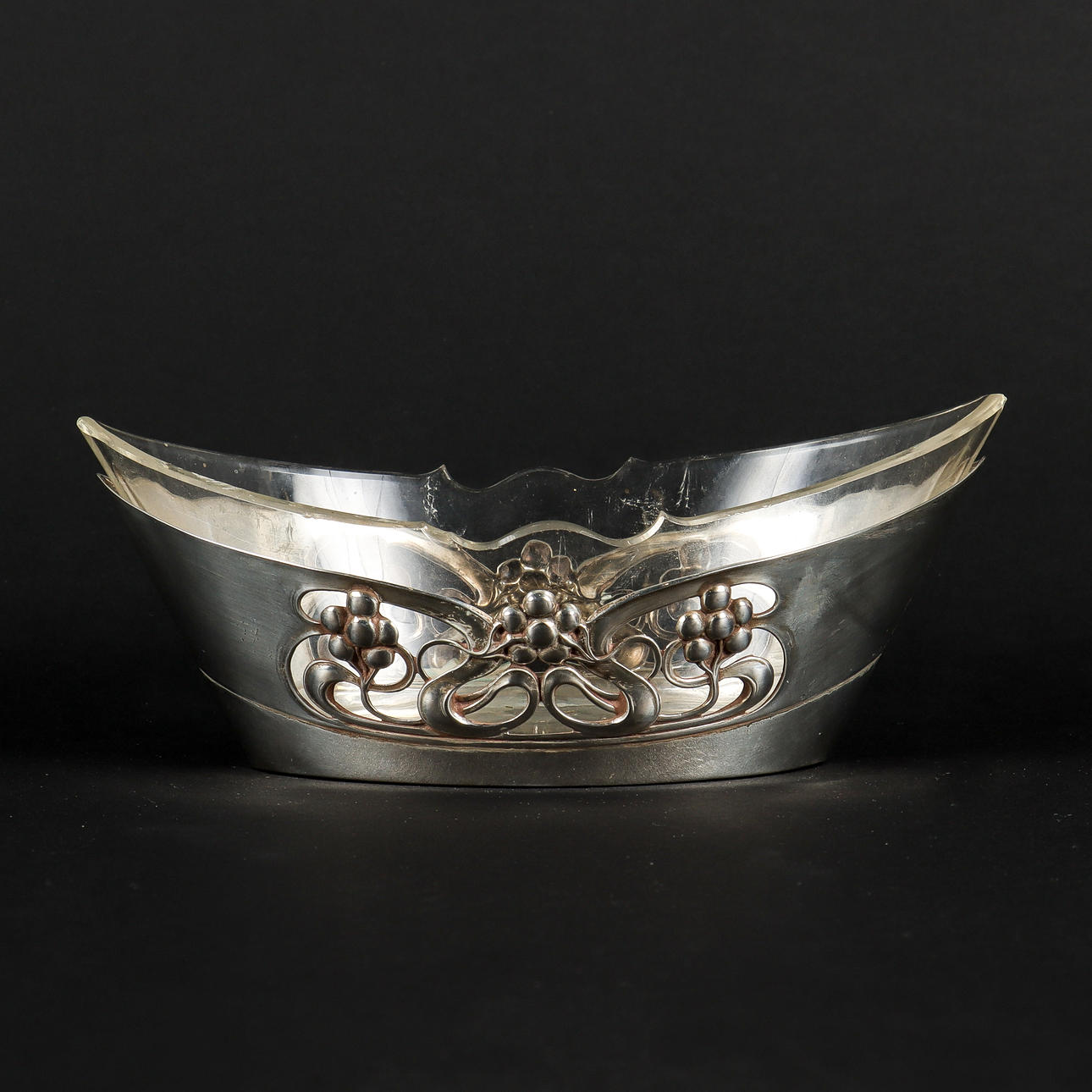 JARDINIERE Silber, mit Glaseinsatz.