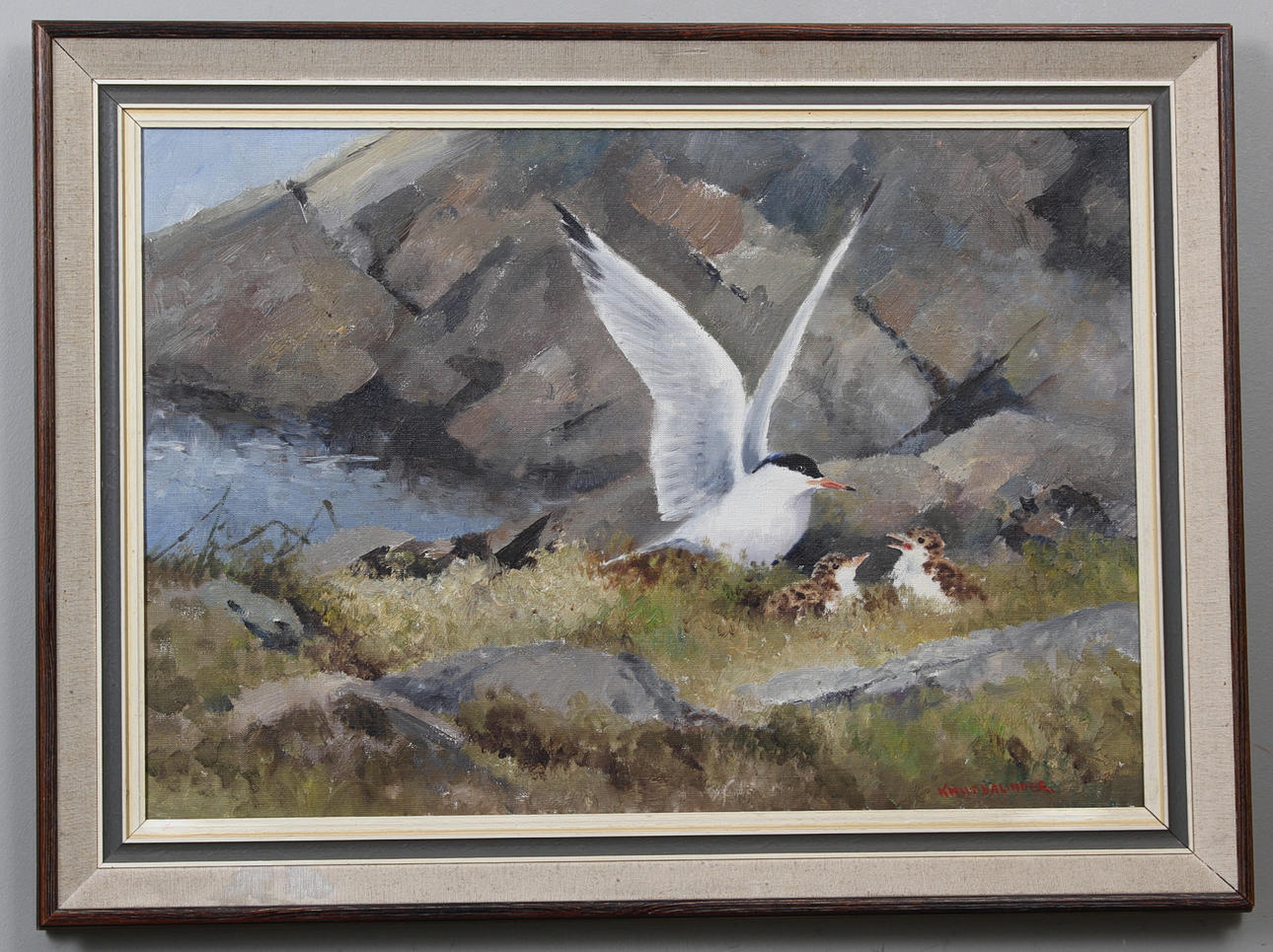KNUT VALINDER. Tärna med ungar i skärgårdslandskap. Olja på duk. Signerad.