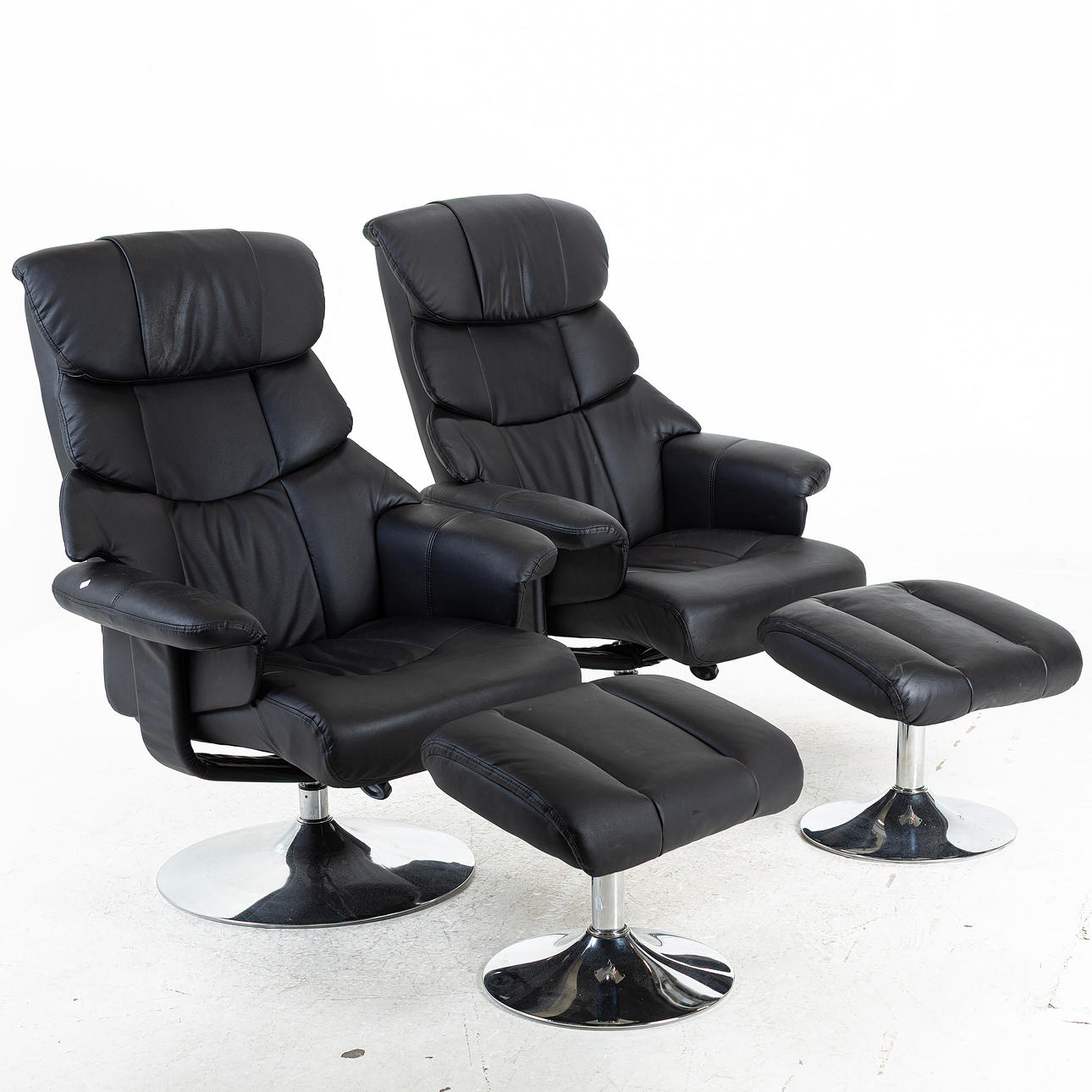 SPINNING ARMCHAIRS, a pair with stools, leather, contemporary.