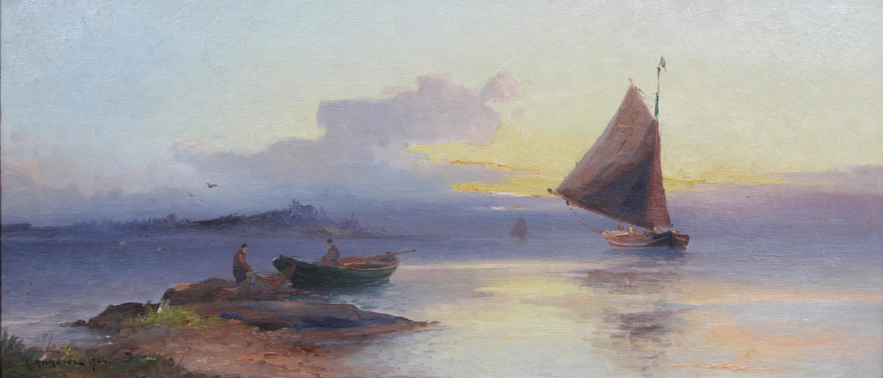 LUDVIG RICHARDE. Kustlandskap med segelbåt och fiskare. Olja på duk. Signerad och daterad 1906.