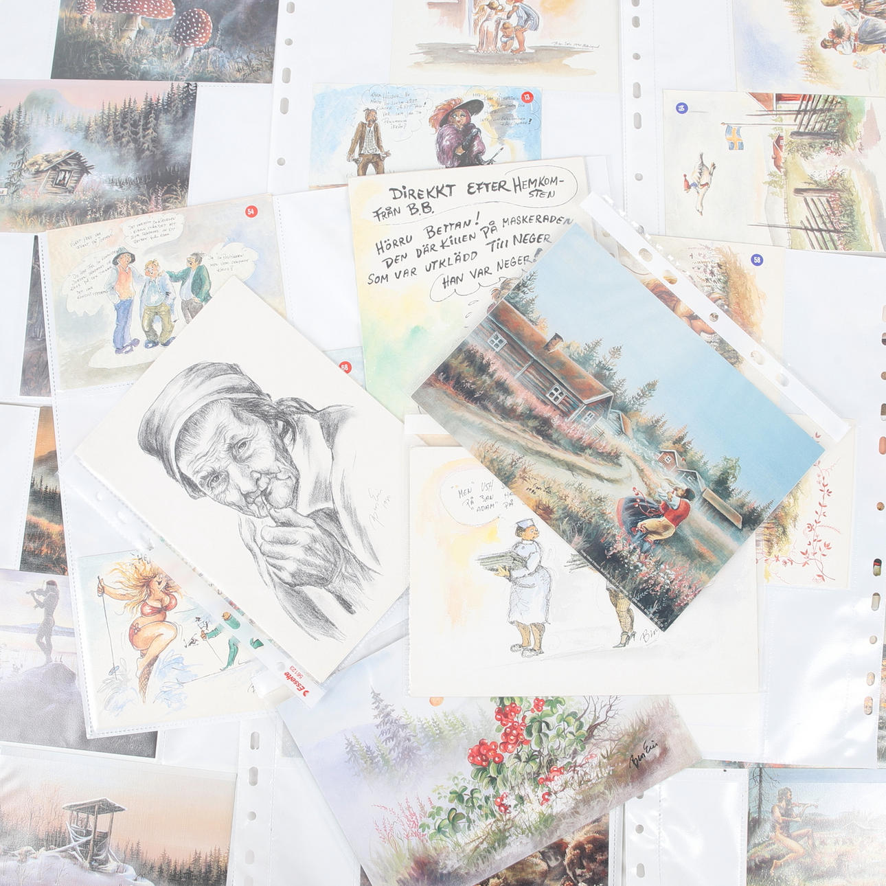 Postkarten, ca. 110 Stück, mit Designs von Bro-Eric Bergqvist.
