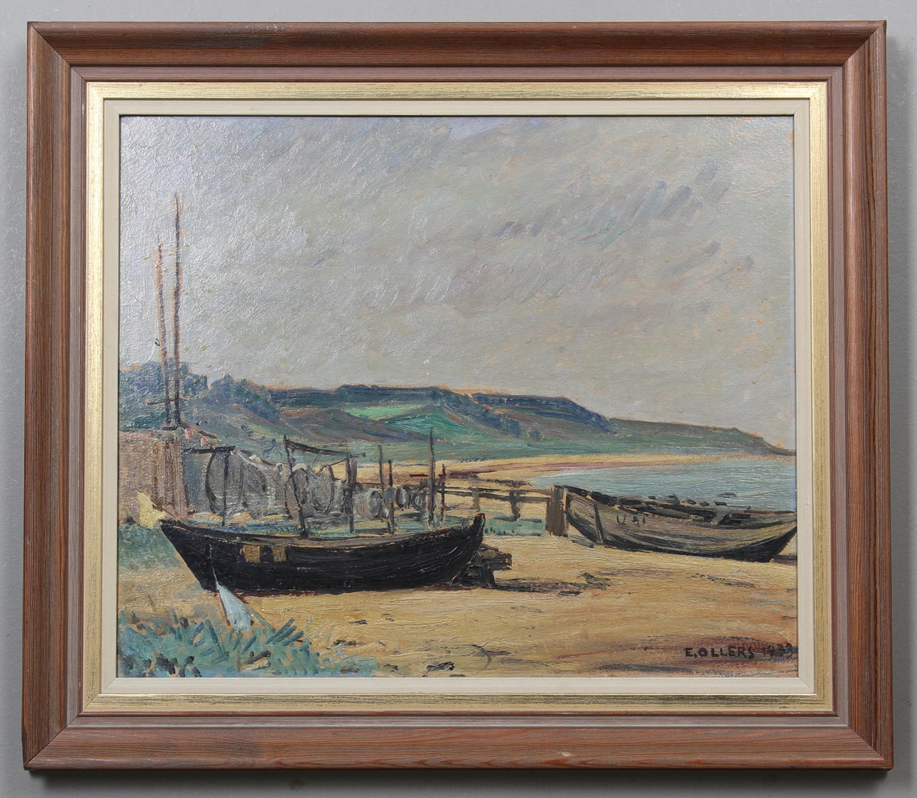 EDVIN OLLERS. Uppdragna båtar, Baskemölla. Olja på pannå. Signerad och daterad 1933.