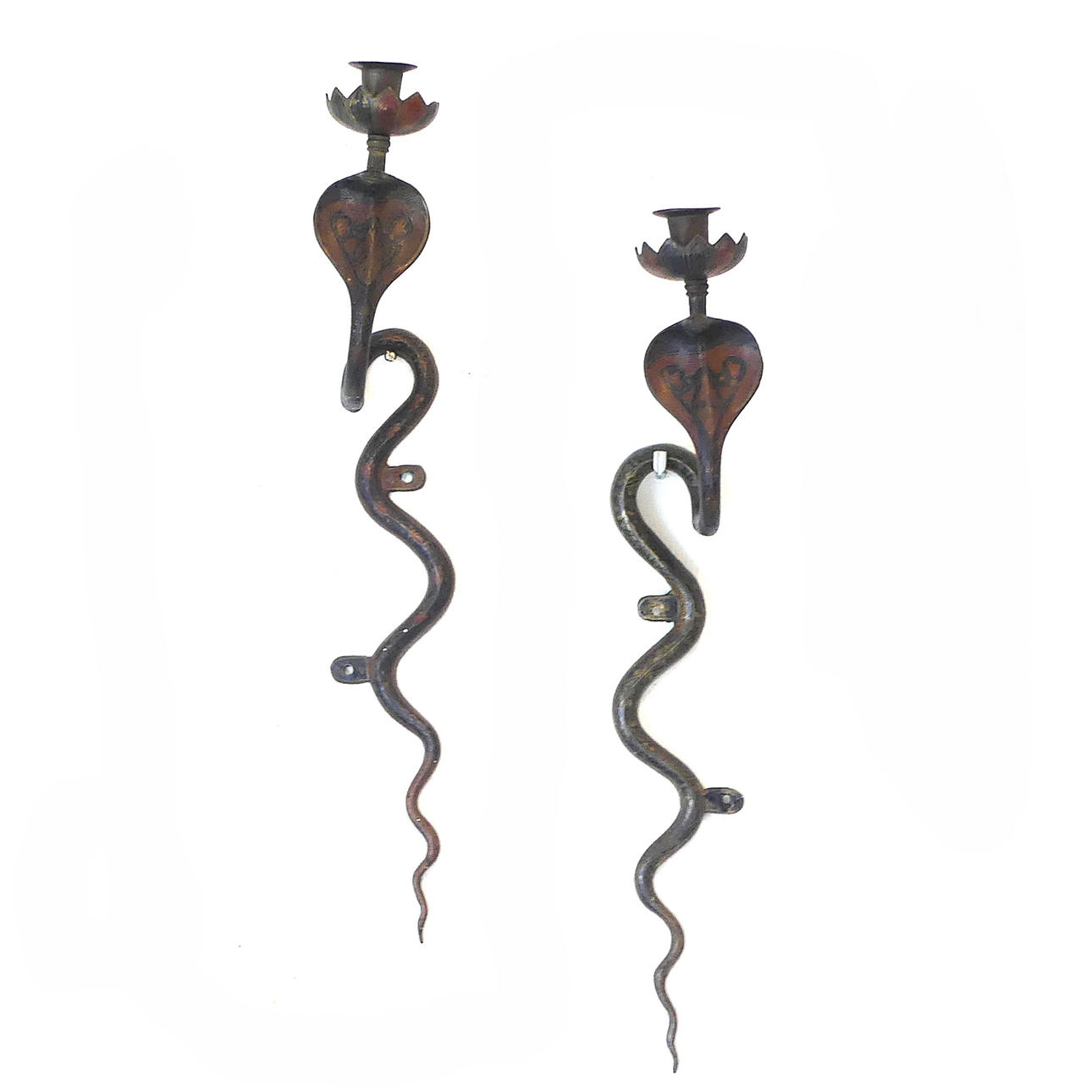 Wall sconces, a pair, metal, snakes.