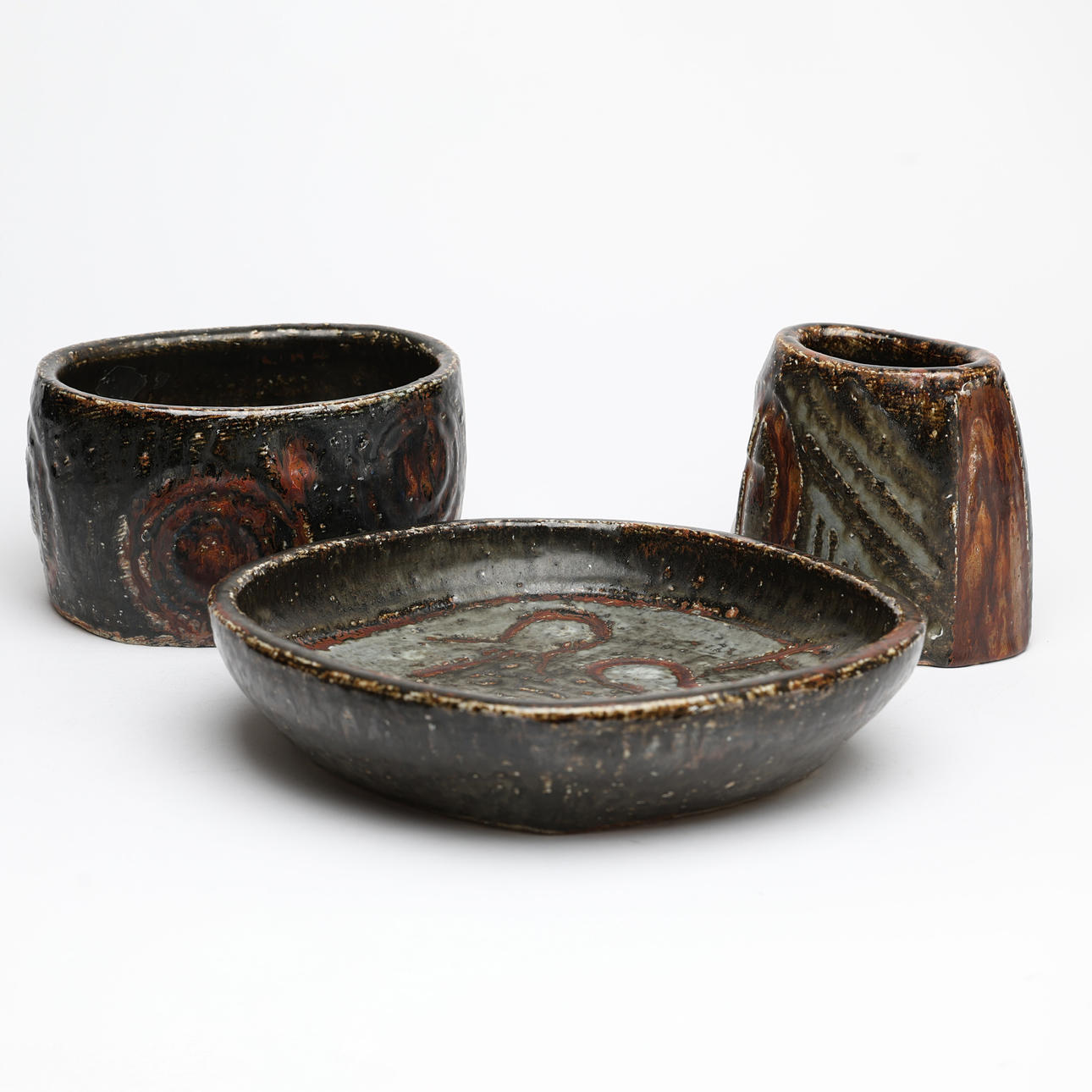CARL-HARRY STÅLHANE. Vase, outer lining & saucer, 3 pieces, Rörstrand, unique, glazed stoneware.