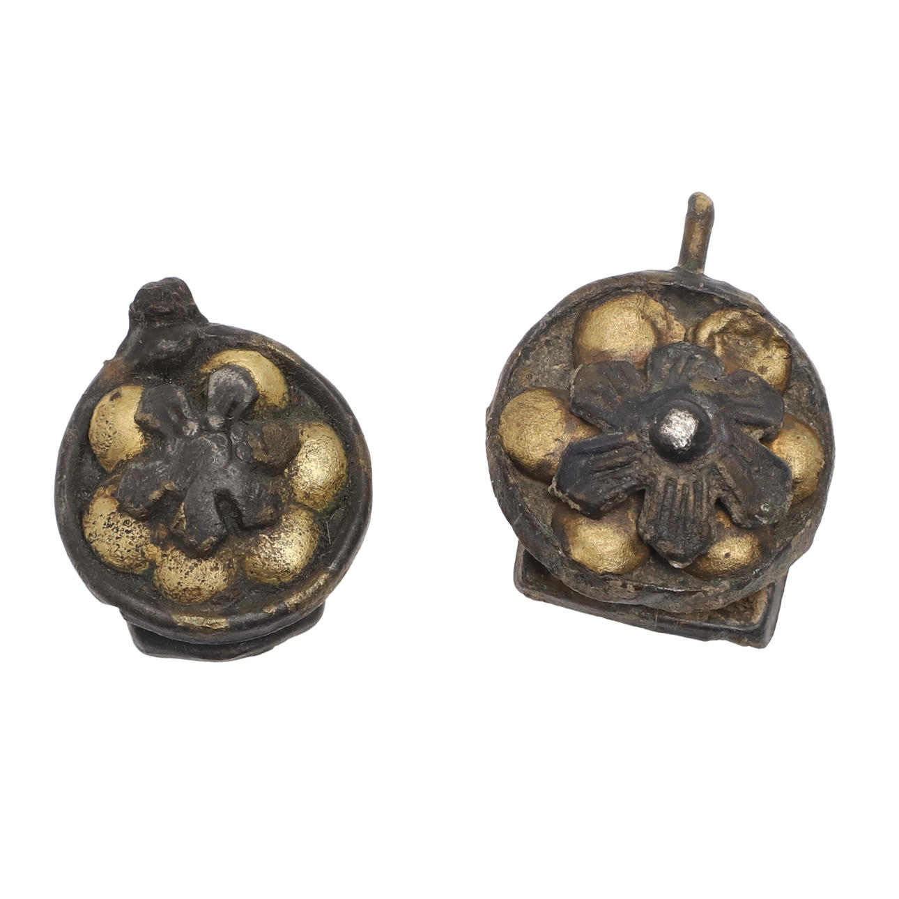 TWO TUDOR GILT METAL DRESS HOOKS.