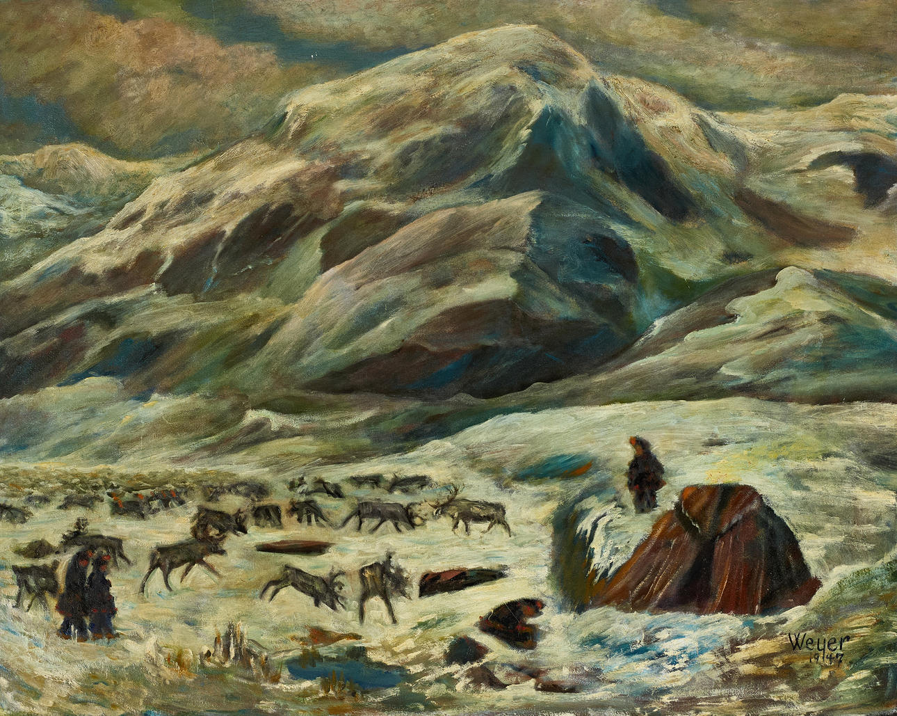 OIDENTIFIERAD KONSTNÄR. Sami with reindeer, signed and dated “Weyer 1947", oil on canvas.