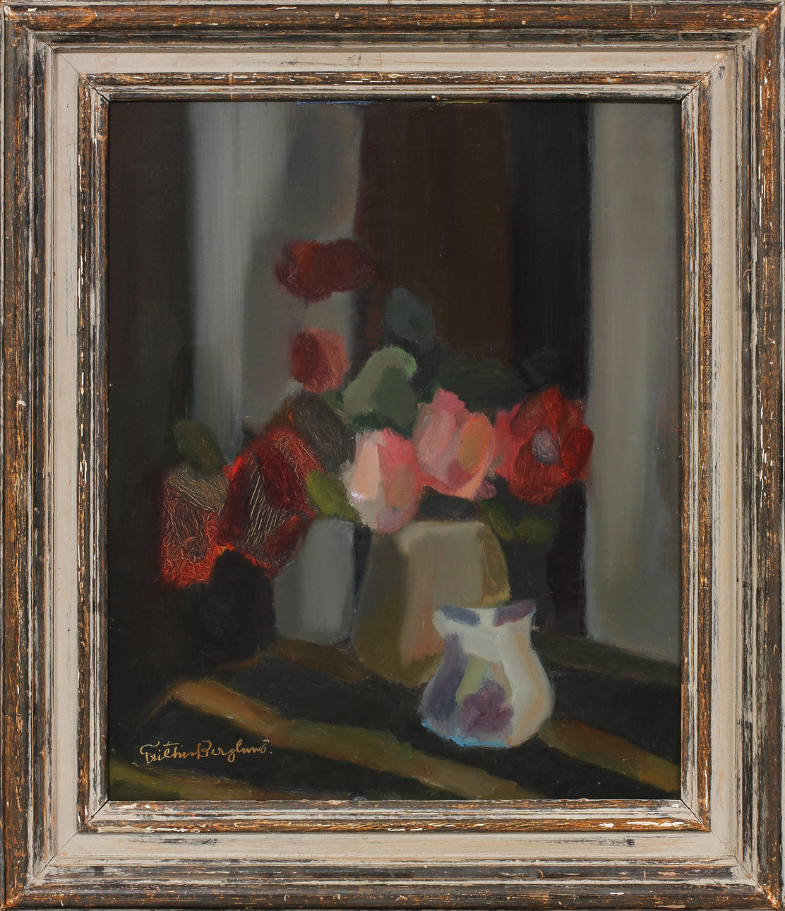 FRITHIOF BERGLUND. Stilleben med blommor i vas. Olja på pannå, signerad.