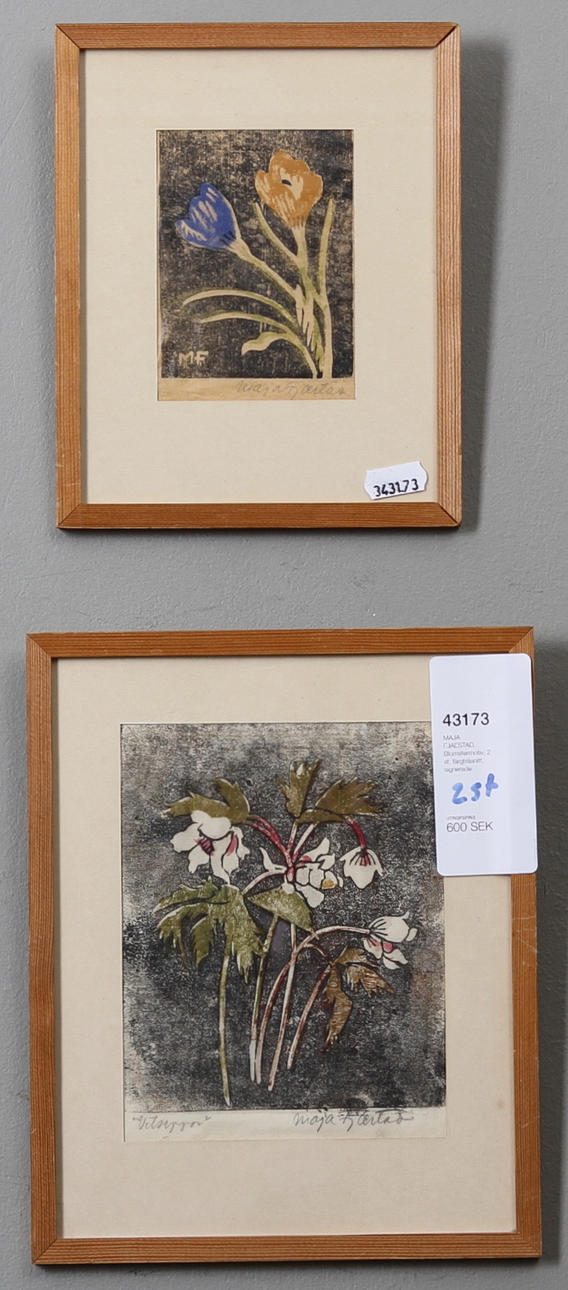 MAJA FJAESTAD. Blomstermotiv, 2 st, färgträsnitt, signerade.
