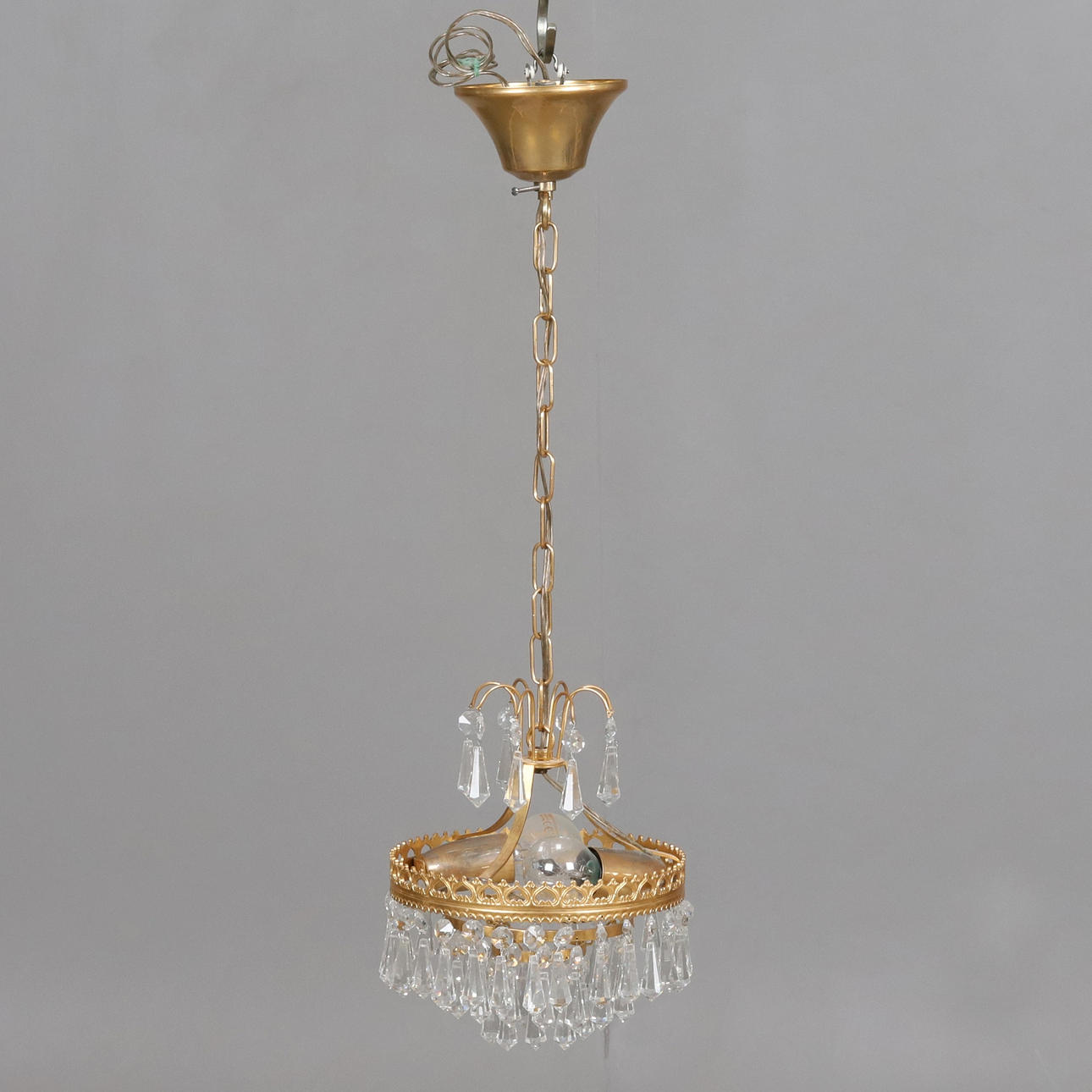 CEILING/WINDOW LIGHT. Yellow metal and glass prisms, 2 light points.