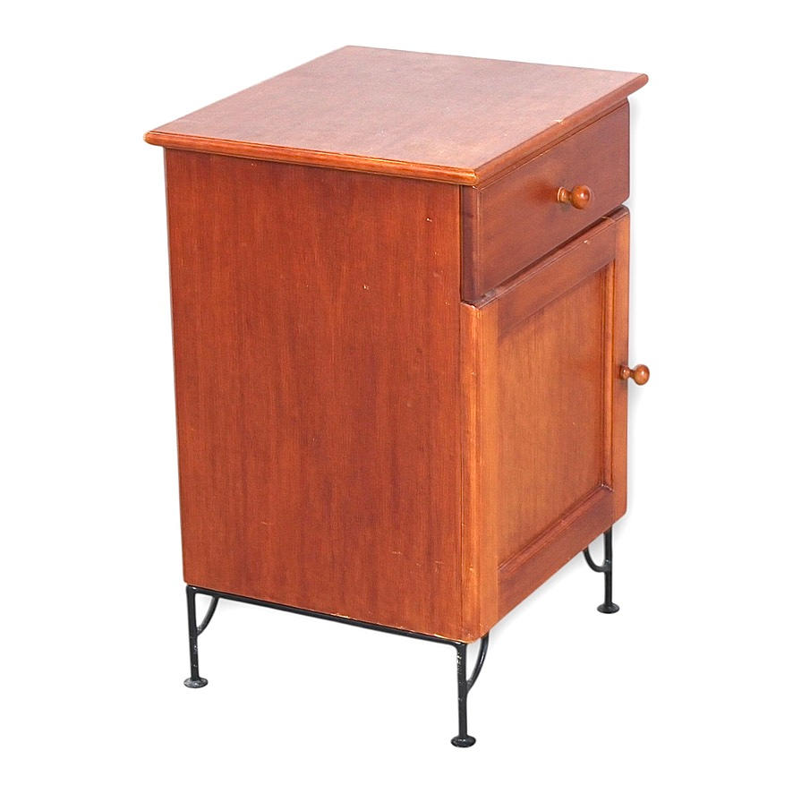 A teak bedside table, black lacquered metal, 1950s/60s.