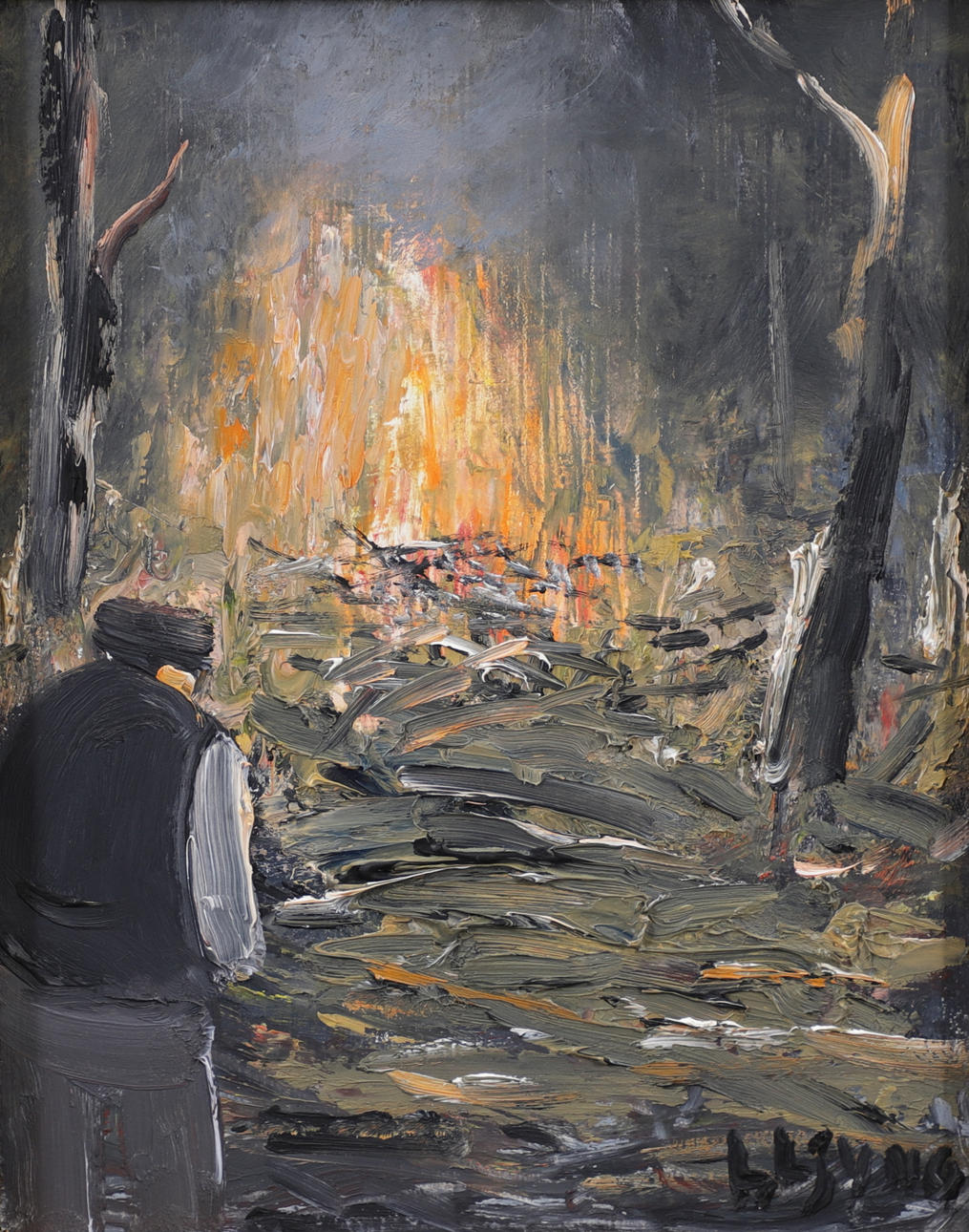 LENNART LJUNG. Spring bonfire, oil on panel, signed.