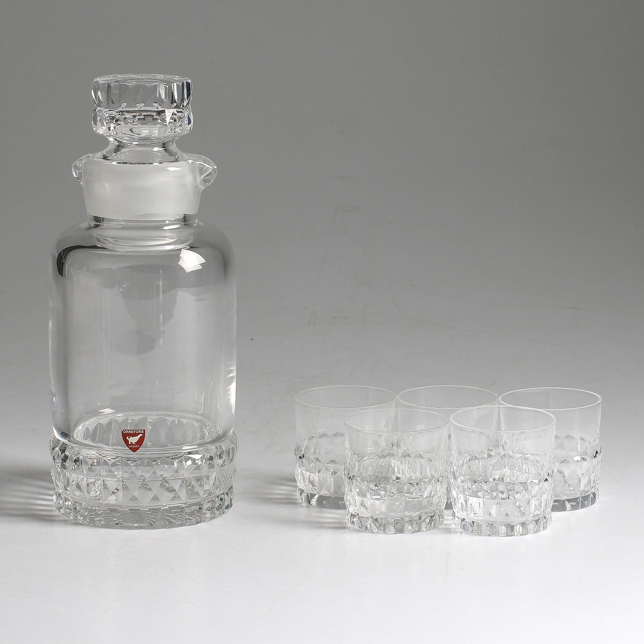 KARAFF/SHAKER, SELTERGLAS, 6 delar, "Silvia", Ingeborg Lundin, Orrefors.