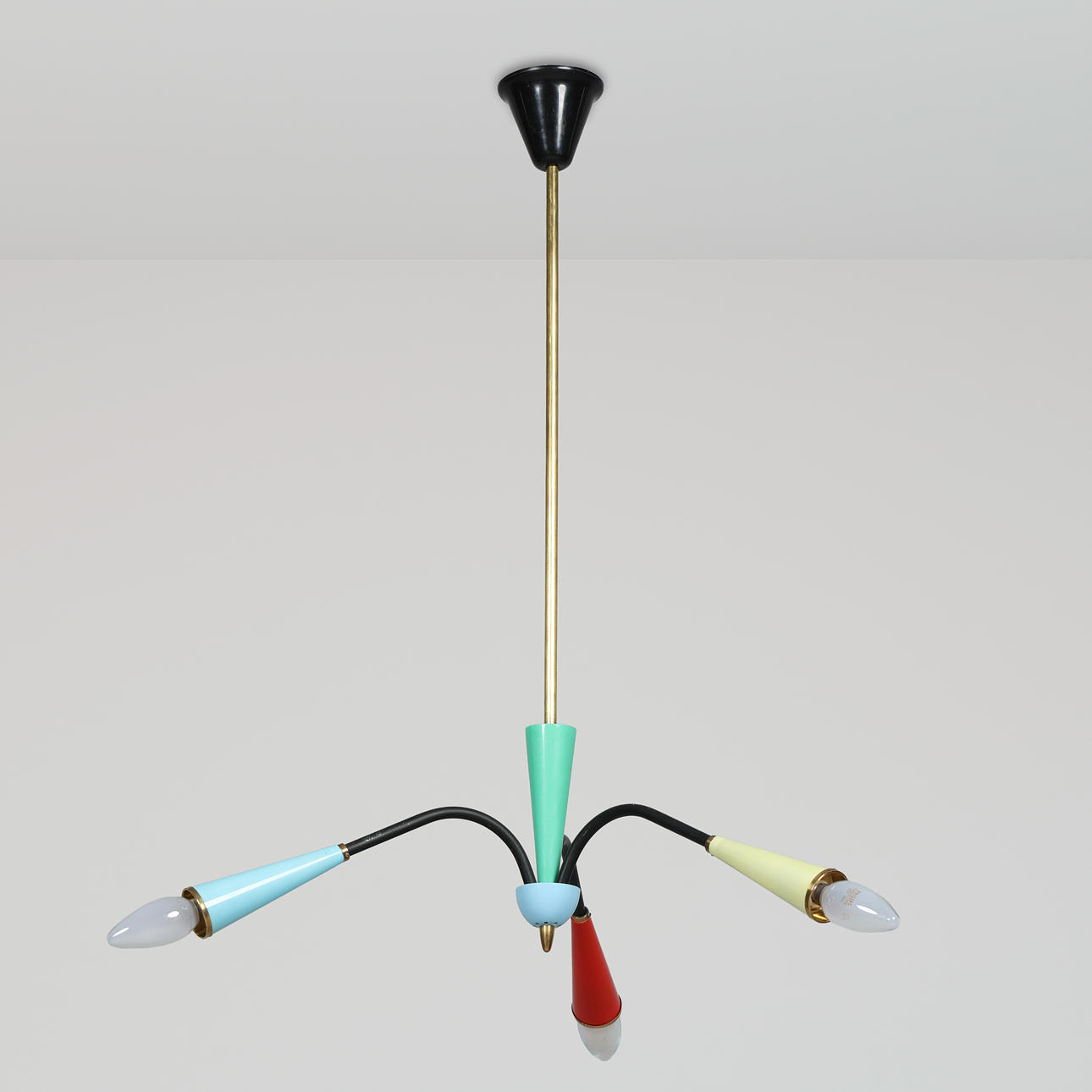 CEILING LAMP: 'Spider' Ceiling lamp, brass, plastic, mid 1900's.