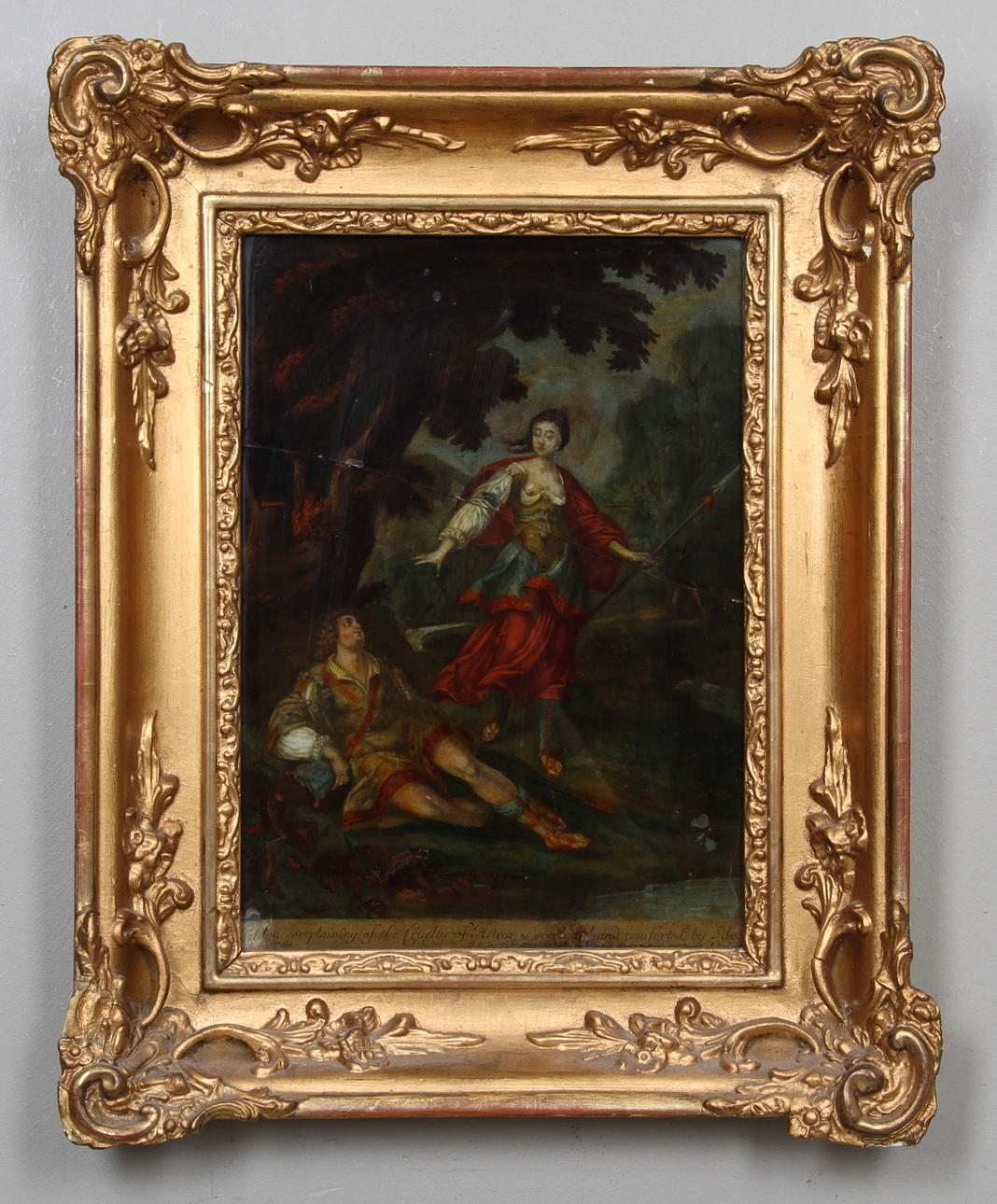 OKÄND KONSTNÄR. "Celidon comptaining of the cruelty of Astrea.....". Handkolorerad gravyr på glas. 1800-tal.