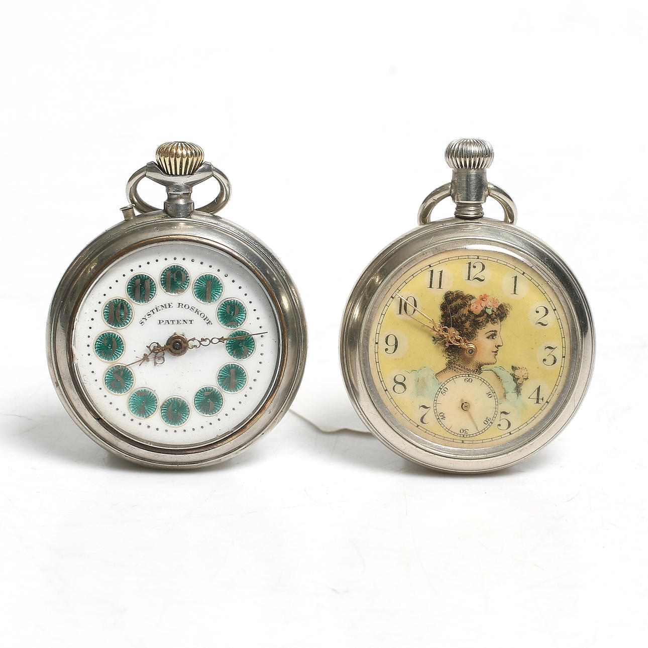 FICKUR, 2 st, vit metall, Système Roskopf. 1900-talets första hälft.