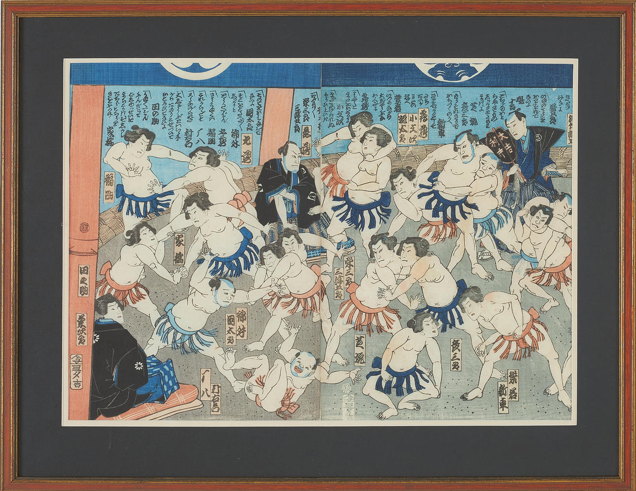 JAPANESE WOODCUT. 1860s, Sumo review, 2 parts from a triptych.