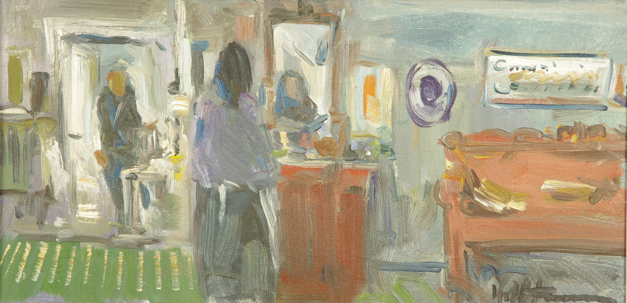OIDENTIFIERAD KONSTNÄR. Interiör med figurer, olja på duk, otydligt signerad.