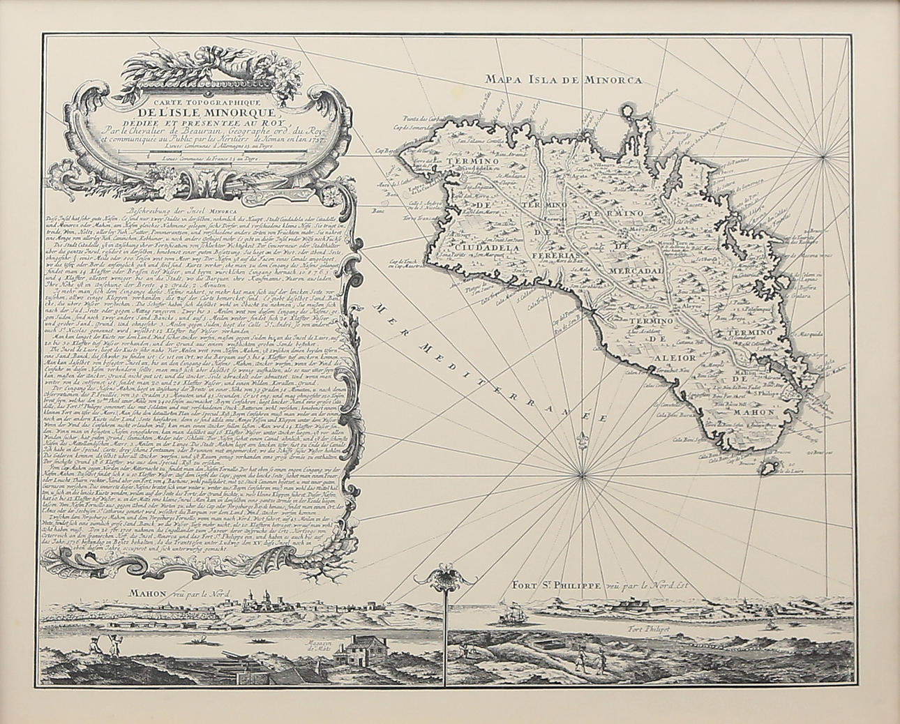 Map of Menorca with views of Mahon and Fort San Felipe, 1757.