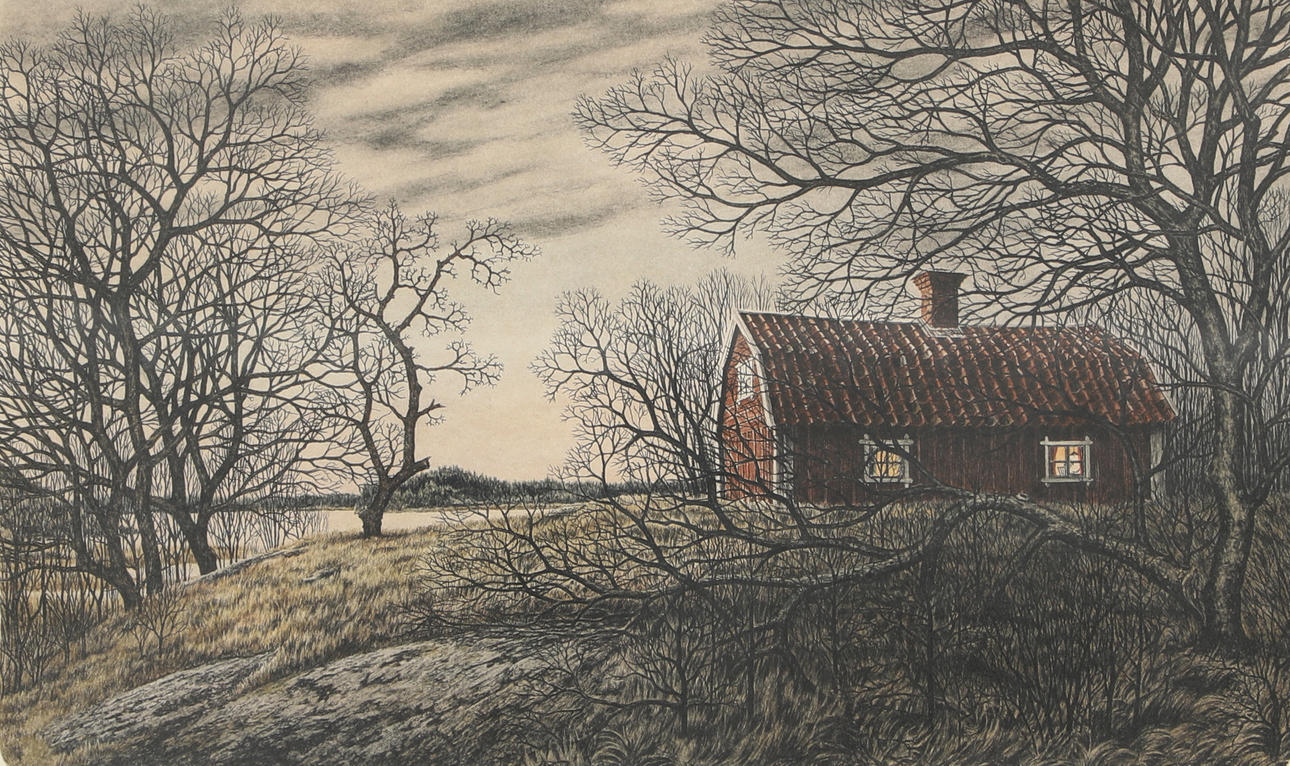 ULF GÖTHMAN. Lithograph, Cottage, Signed.