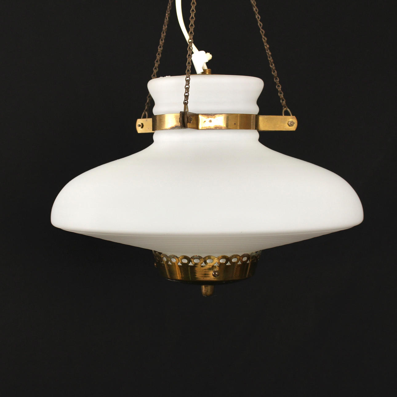 CEILING LAMP with chains white opaline cup and brass.