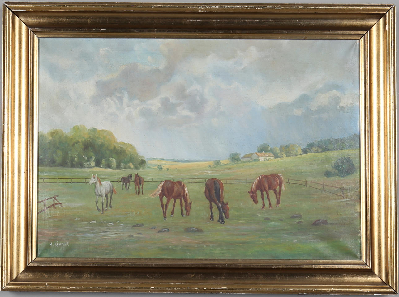 OIDENTIFIERAD KONSTNÄR. Motiv med hästar i hage. Olja på duk. Signerad H.Linnet.