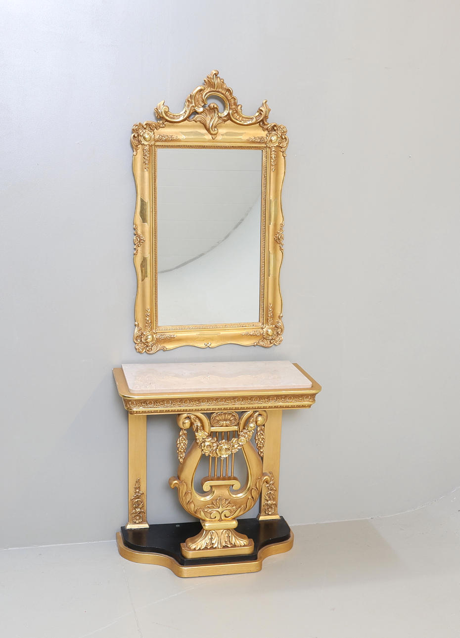 A mirror with console table, Rococo style, 20th century.