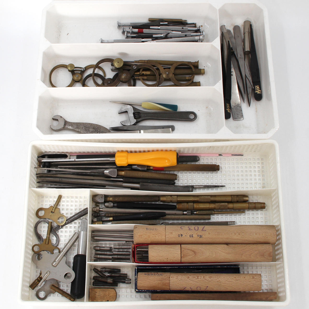 WATCHMAKING TOOLS. CIRCULAR COMPASS BALANCE WHEELS/GEARS, KEYS, PRECISION TOOLS, ETC.