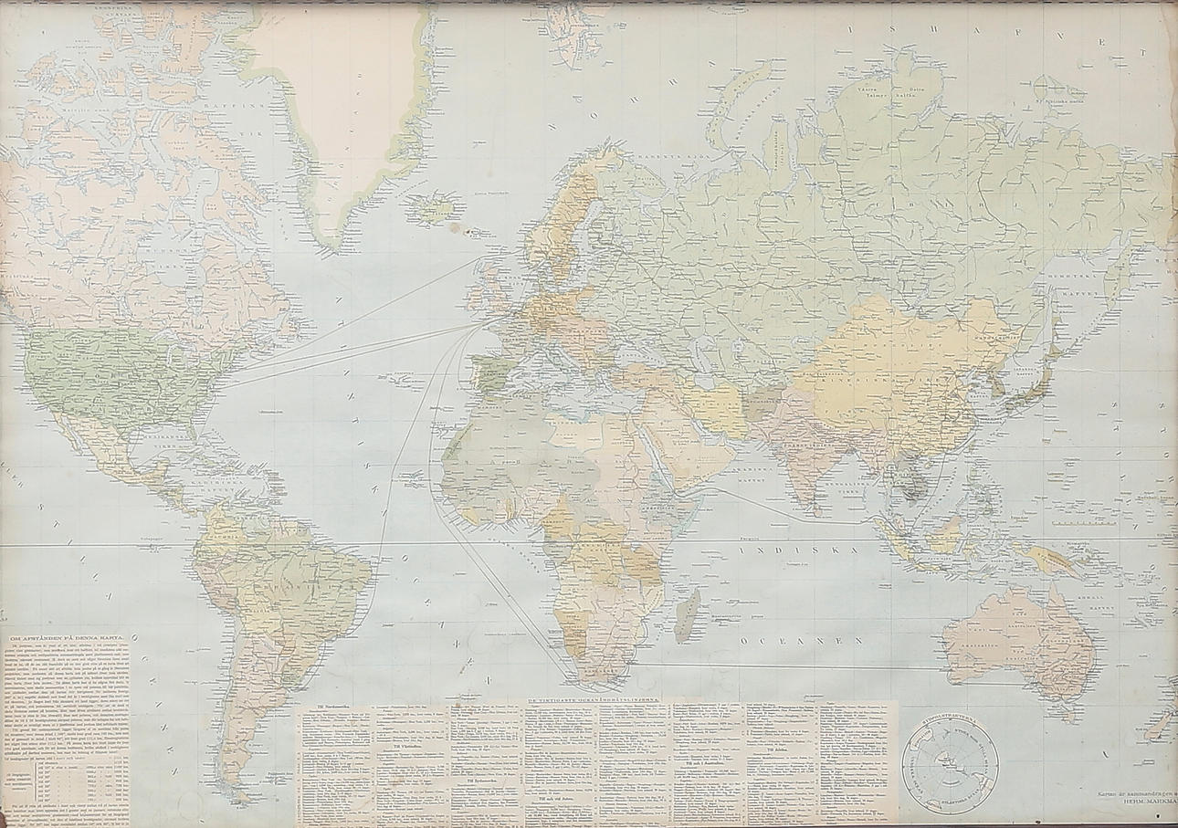 WORLD MAP, framed, Herman Markman, circa 1900.