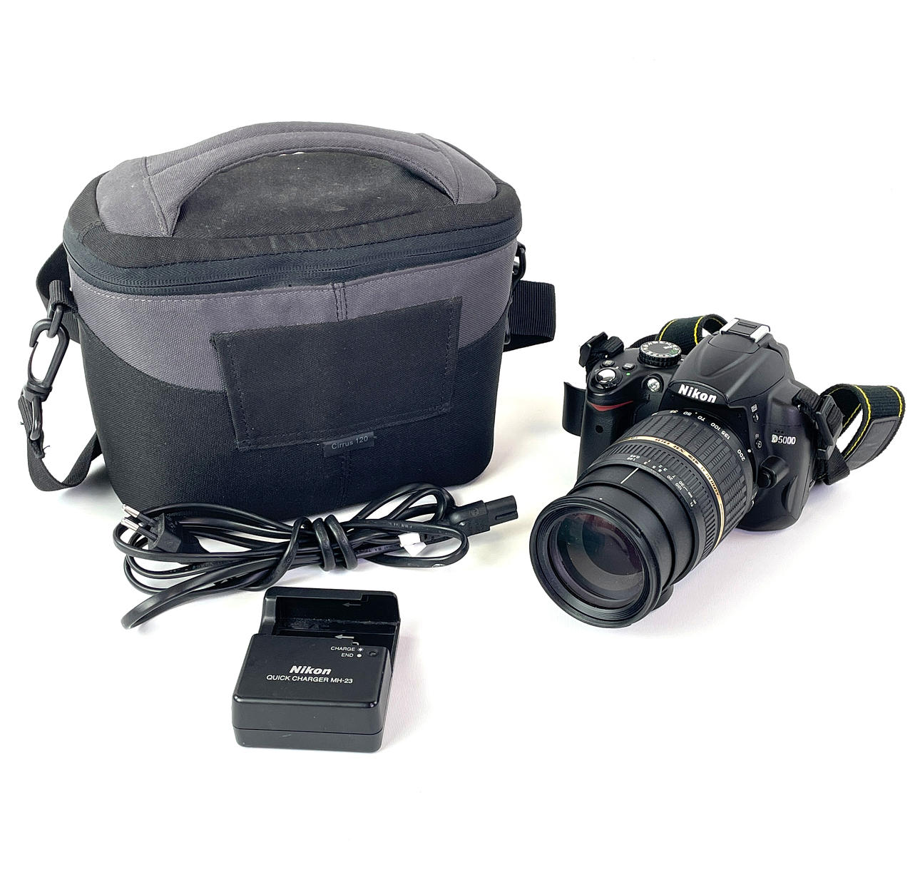 CAMERA, Nikon D5000 with lens and case.