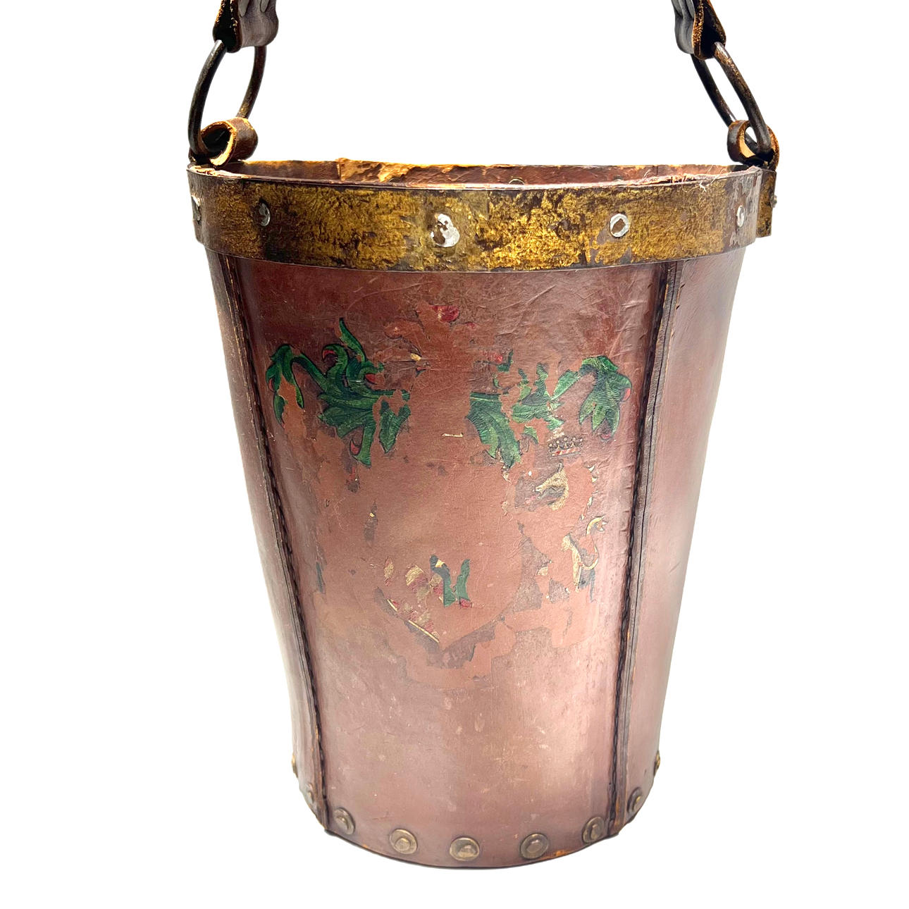 Studded leather bin with metal details.