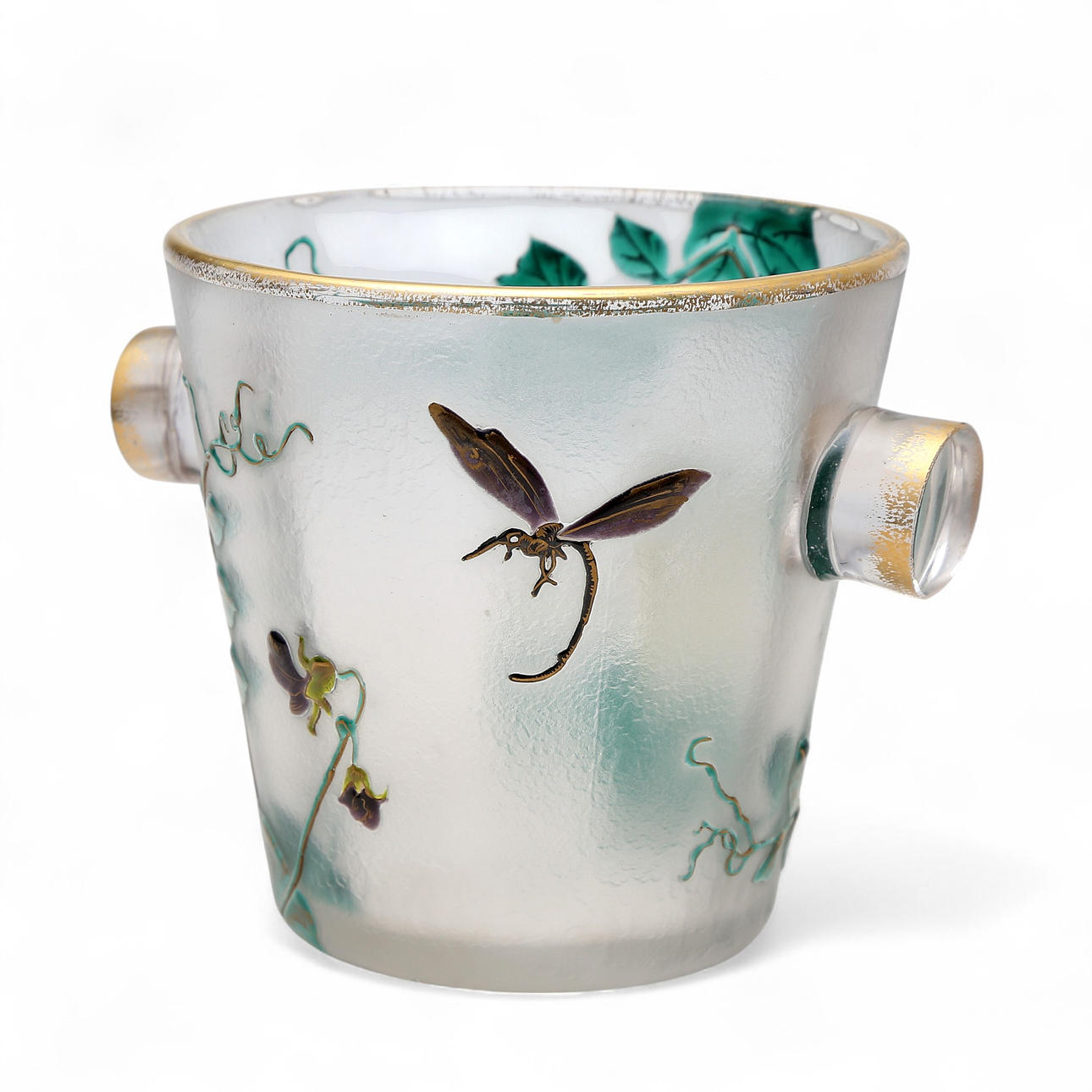 DAUM FRÈRES. Cubitera con guisantes y libélula.