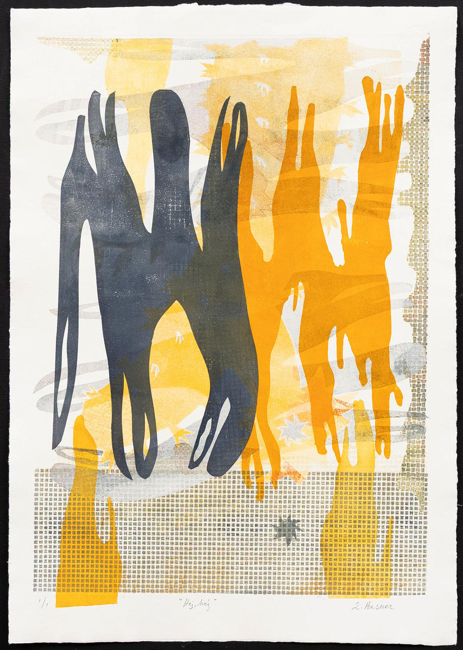 LENA ANSNER. “Hello, hello”, lithograph, monotype, signed.