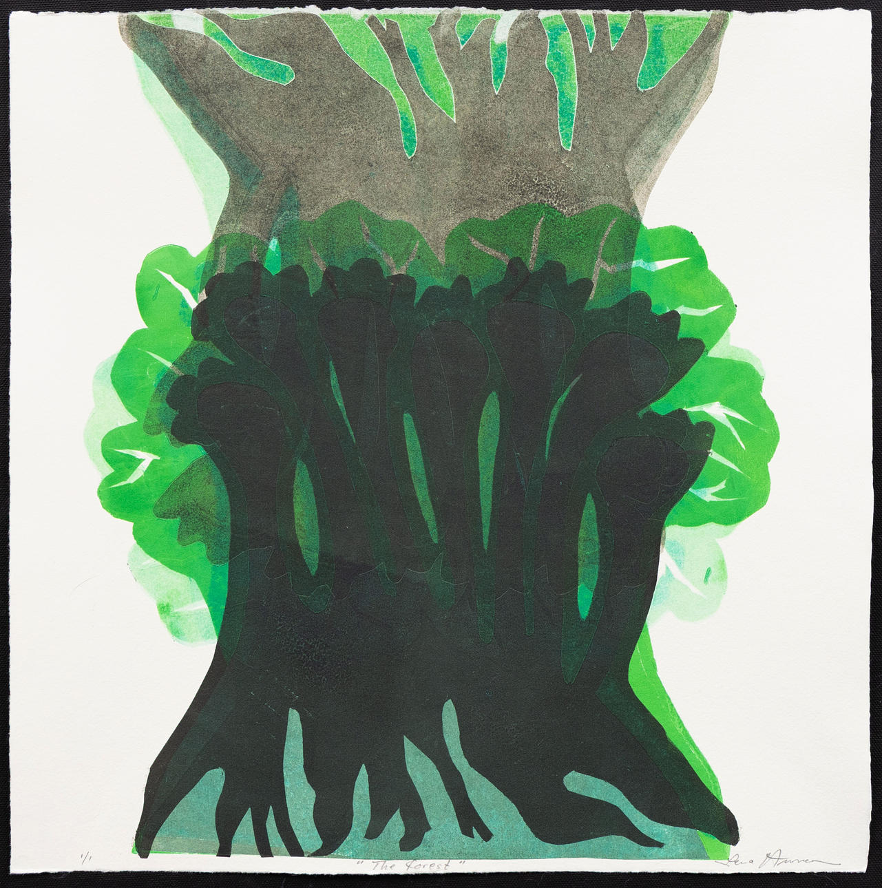 LENA ANSNER. „Forest“, Lithografie, Monotypie, signiert.
