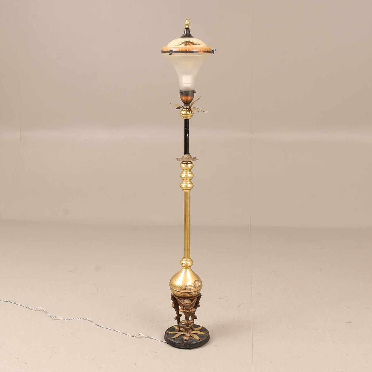 FLOOR LAMP, brass and glass.