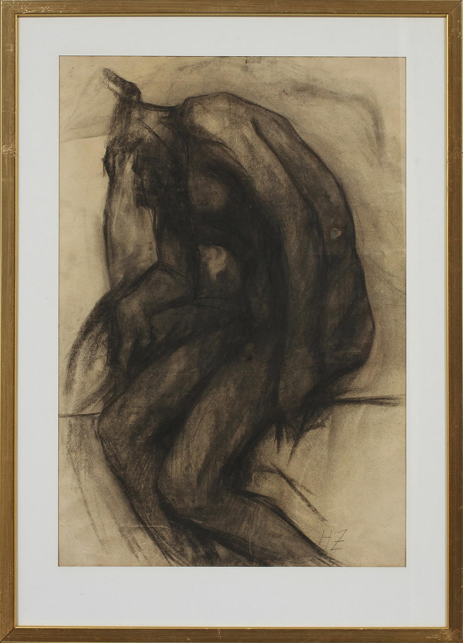 OIDENTIFIERAD KONSTNÄR. Modell och träd. Kolteckningar, 2 st, signerade HZ.