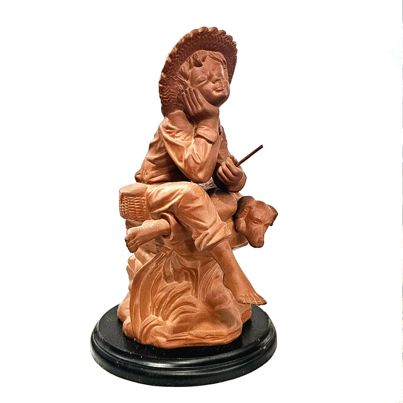 Terracotta figure of a fisherman with a child with wooden base.