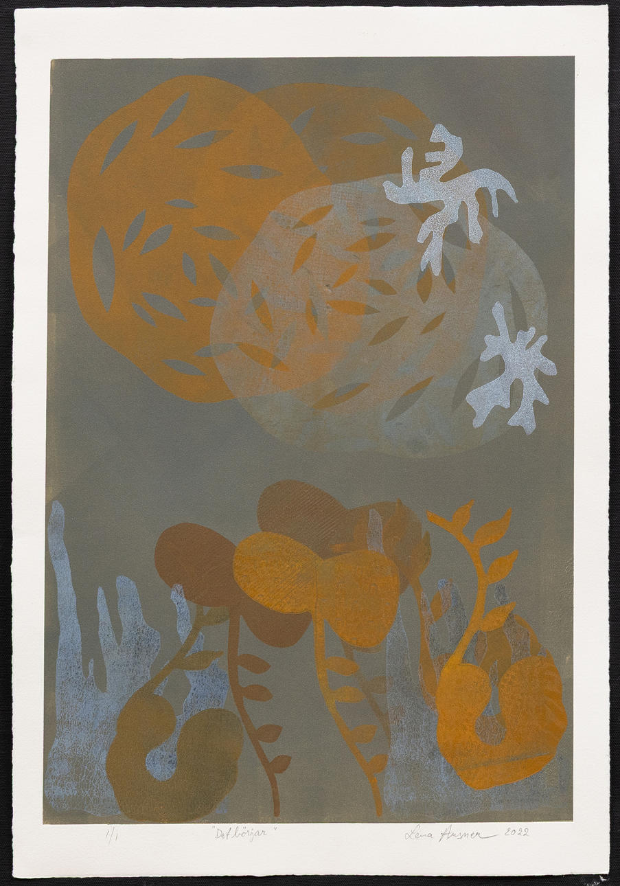 LENA ANSNER. “It begins”, lithography, monotype, sigenarad, dated.