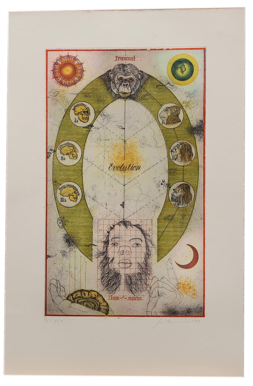 UWE BREMER. Colour etching, numbered 76/120, composition Homo Sapiens, signed.